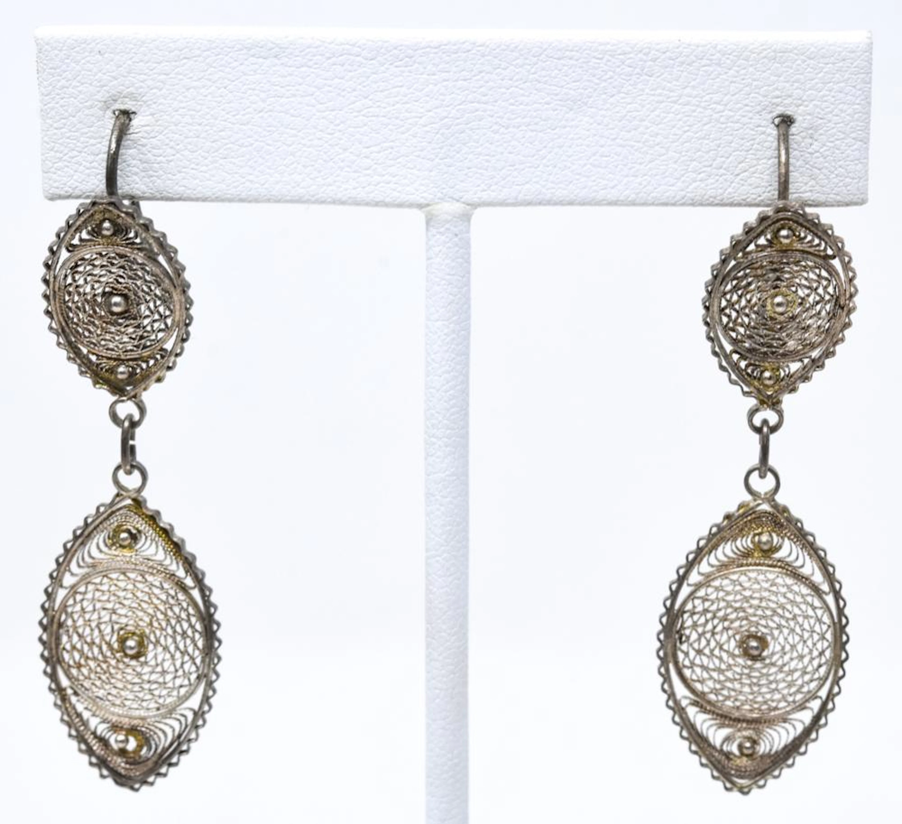 Vintage Pair of Silver Filigree Evil Eye Earrings