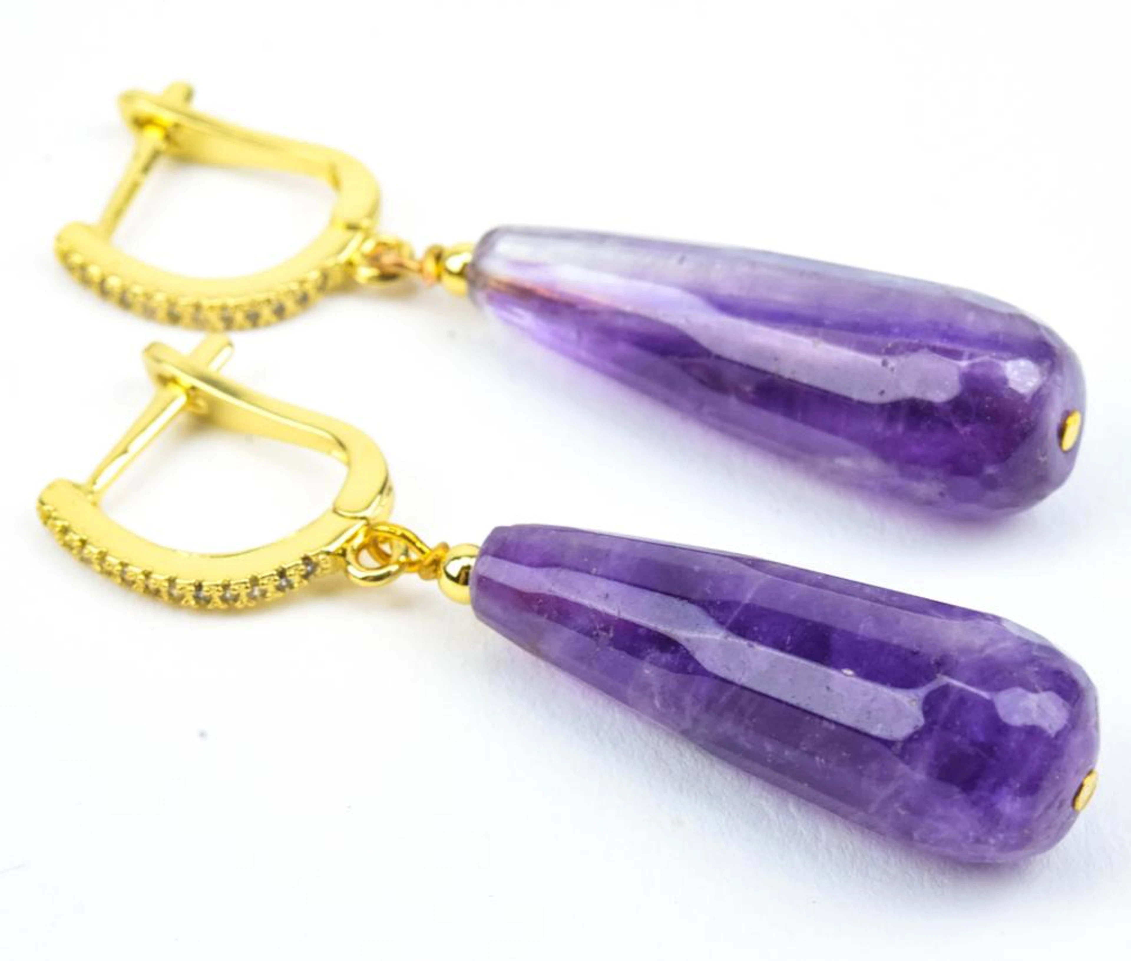 Pair Faceted Amethyst Tear Drop Pendant Earrings