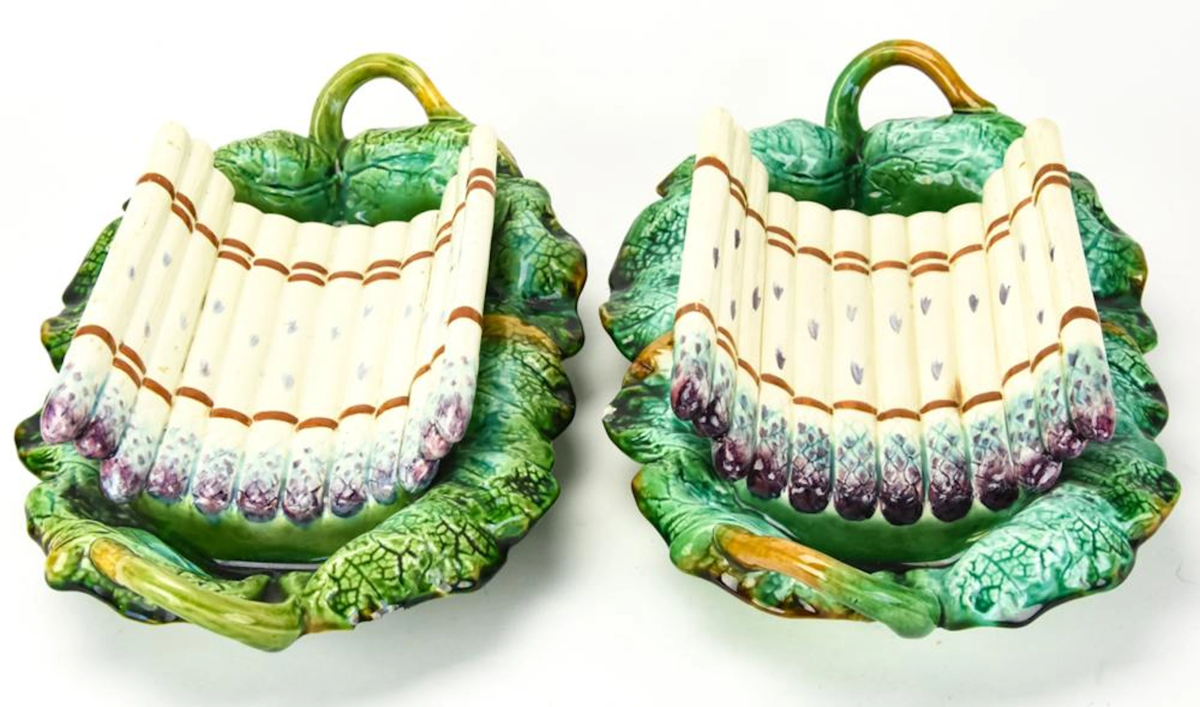 Pair of Figural Majolica Pottery Asparagus Trays