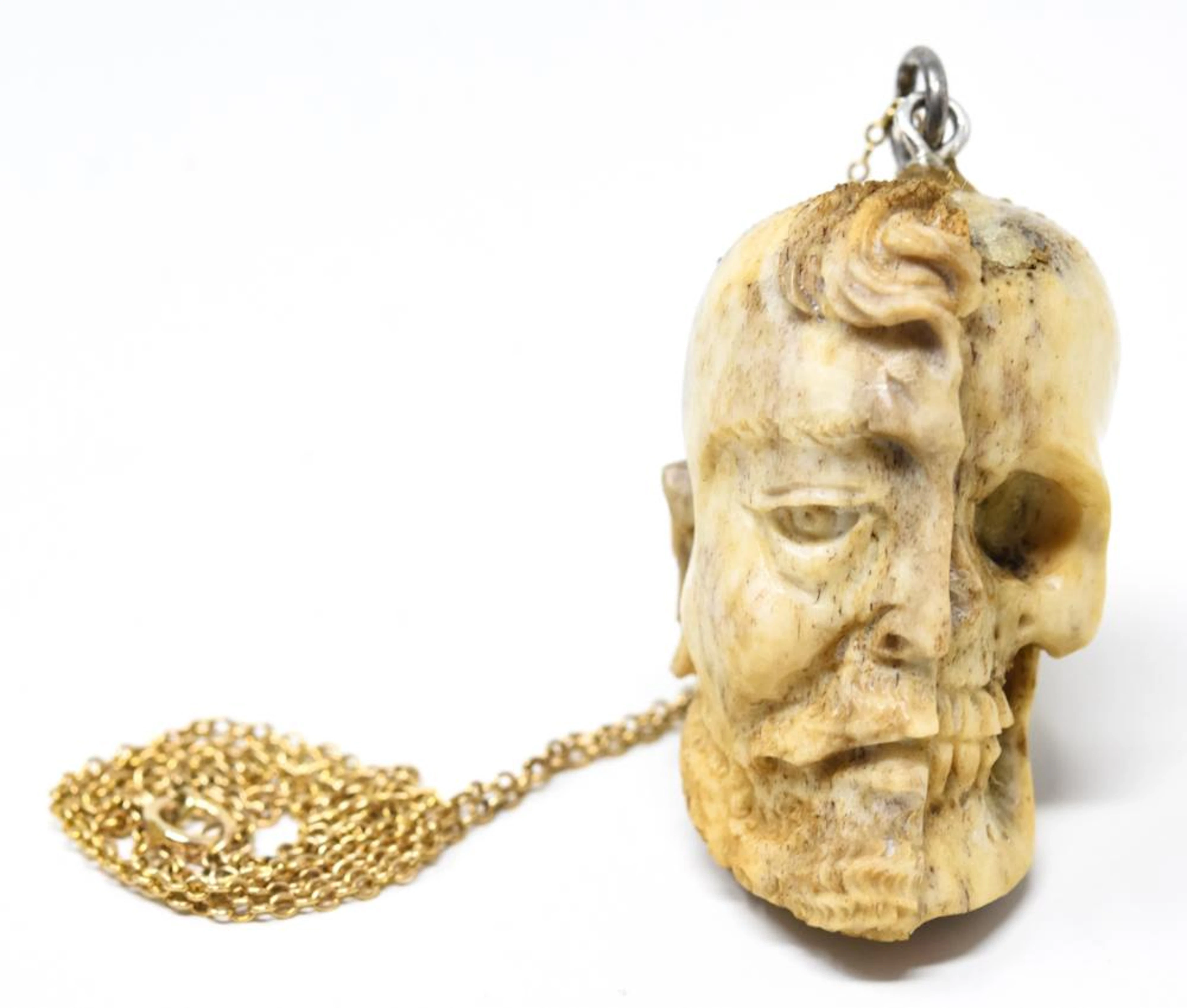 Memento Mori Skull & Face Pendant on 14kt Gold