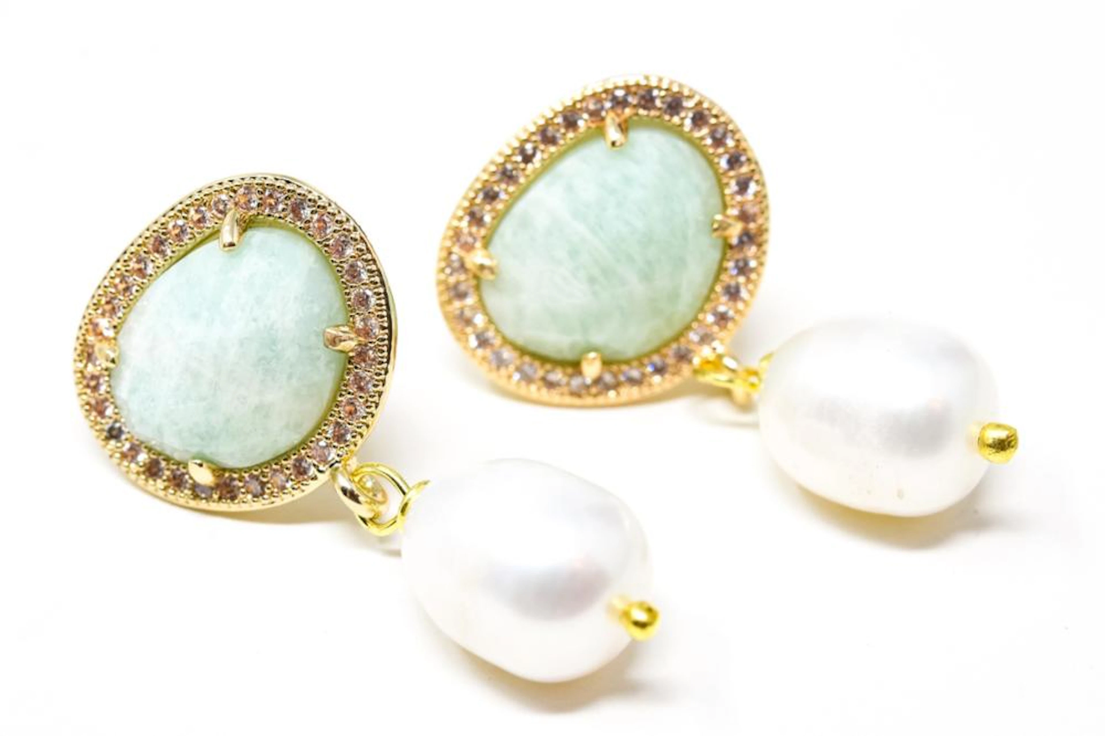 Faceted Amazonite w Halo & Baroque Pearl Earrings