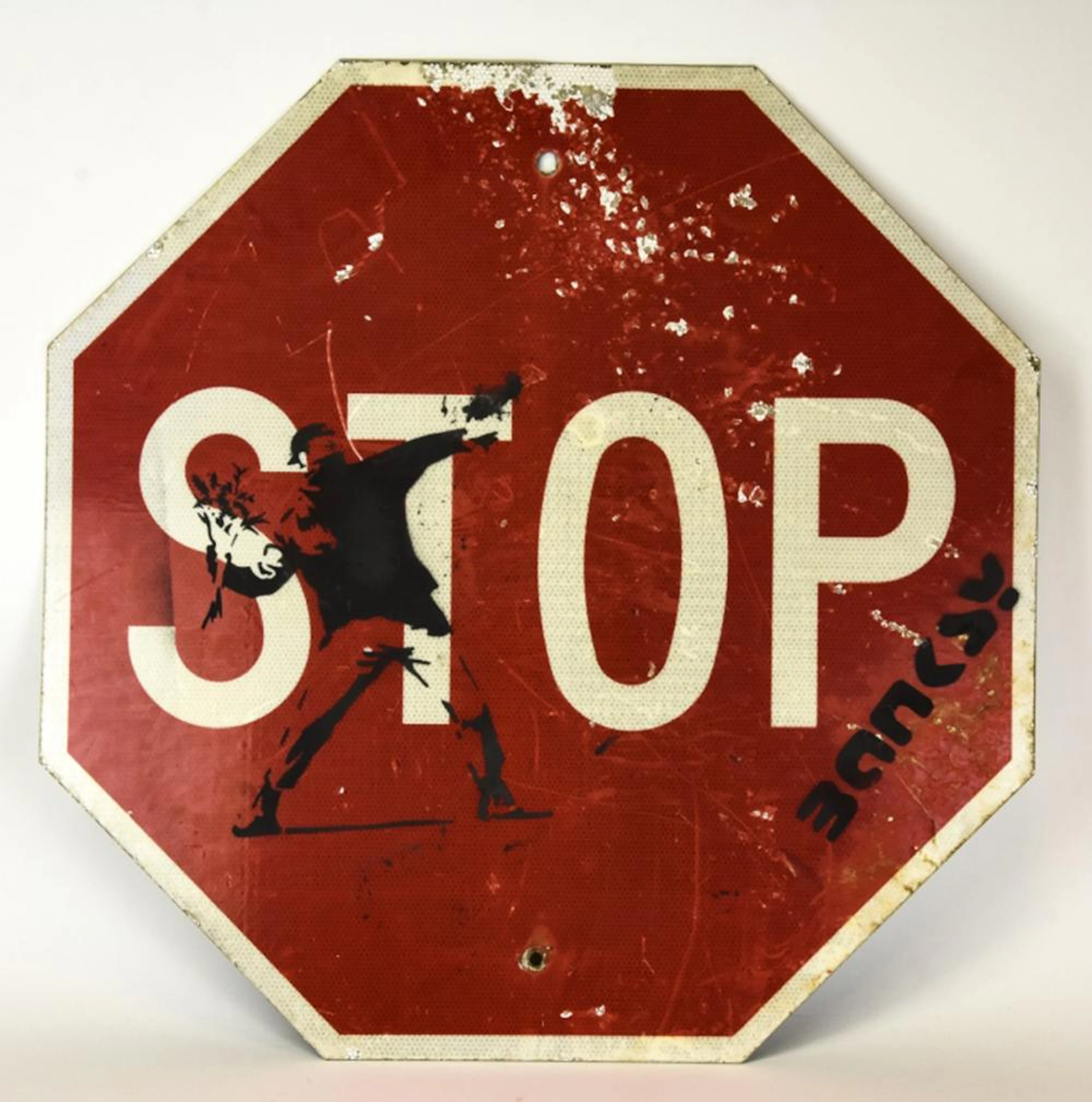 Banksy Spray Painted Graffiti Flower Thrower Sign