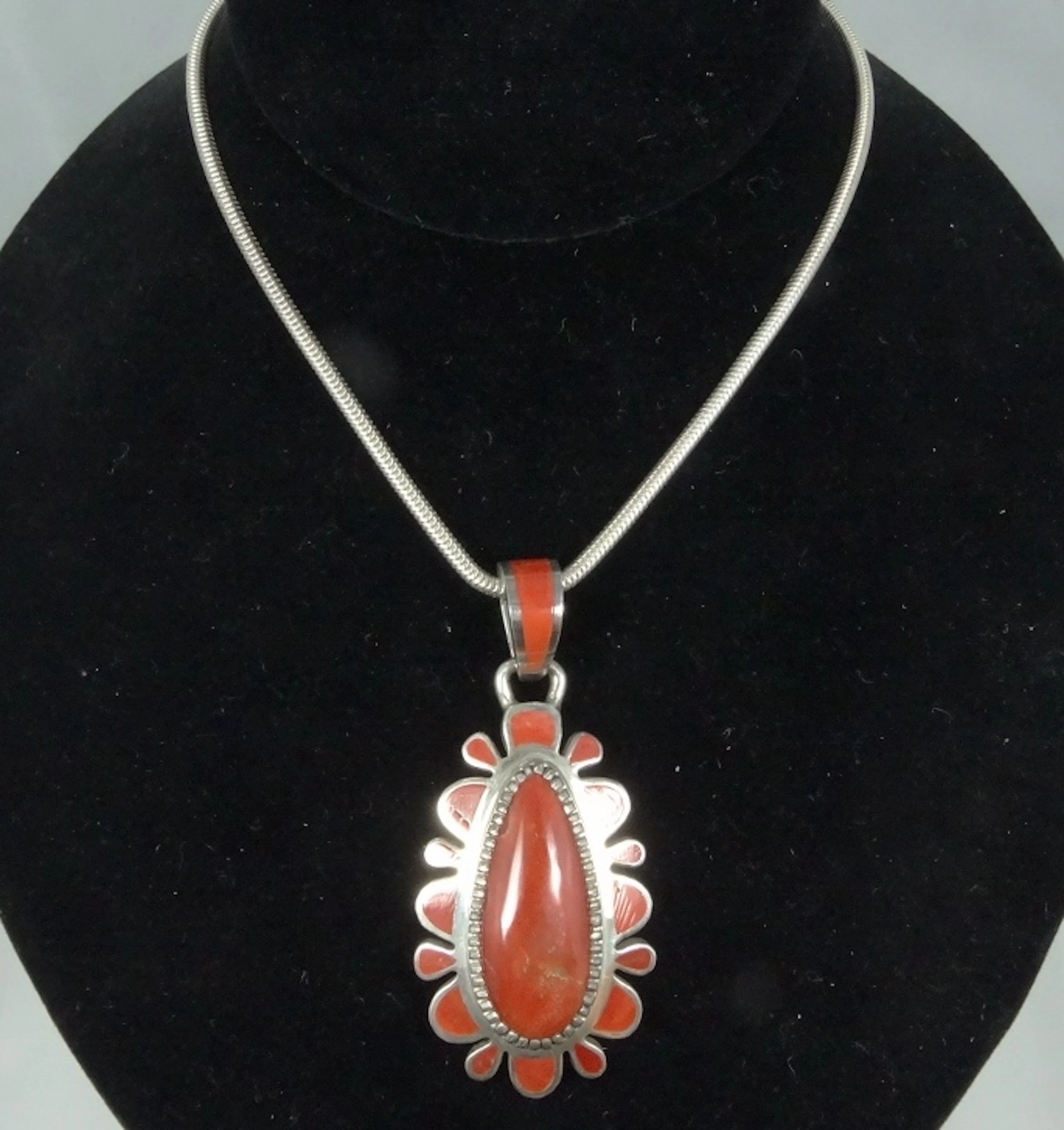 Navajo Designer "Vernon Haskie" Signed Solid Sterling Silver & Mediterranean Coral Pendant On 15.5" Solid Sterling Silver Chain *Nice Piece*