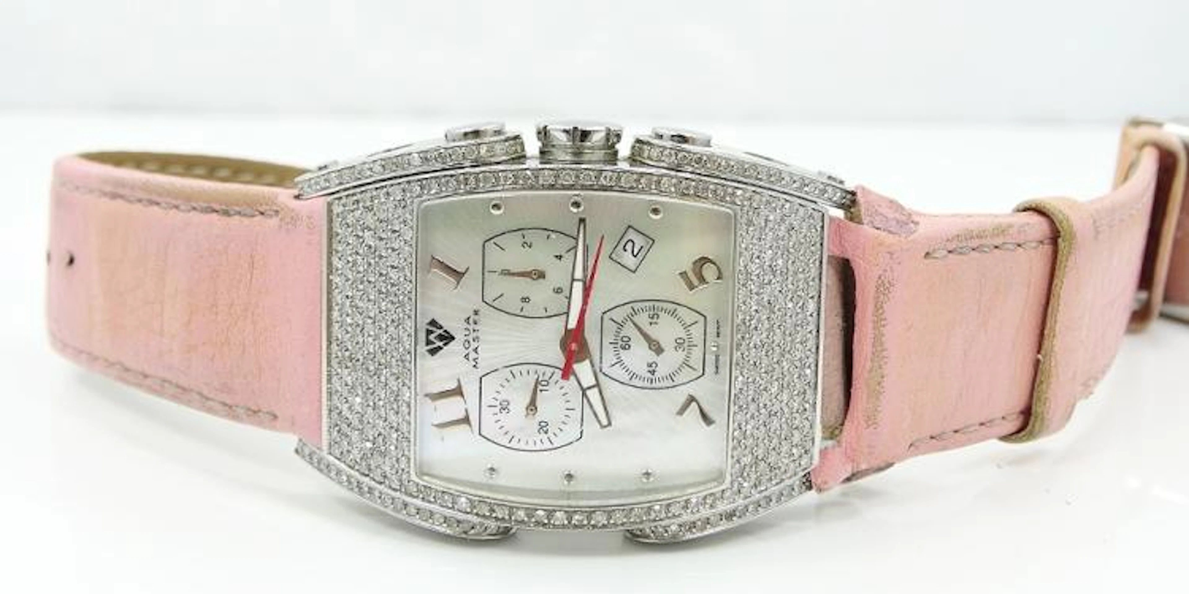 Michele Aqua Master Ladie's Watch W/Approximately 2ctw Genuine diamonds & 22mm Wide Pink Leather Band