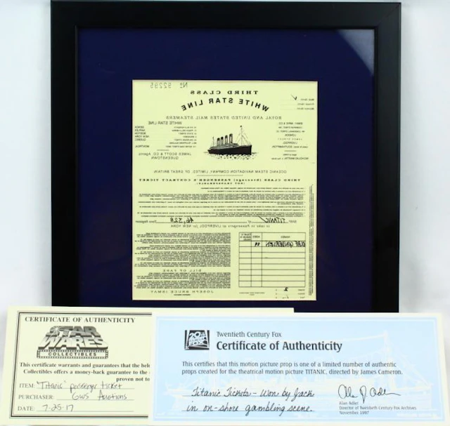 Titanic Movie Prop "Third Class Passenger's Contract Ticket" Won By Jack Dawson (Leonardo DiCapprio) Framed W/COA