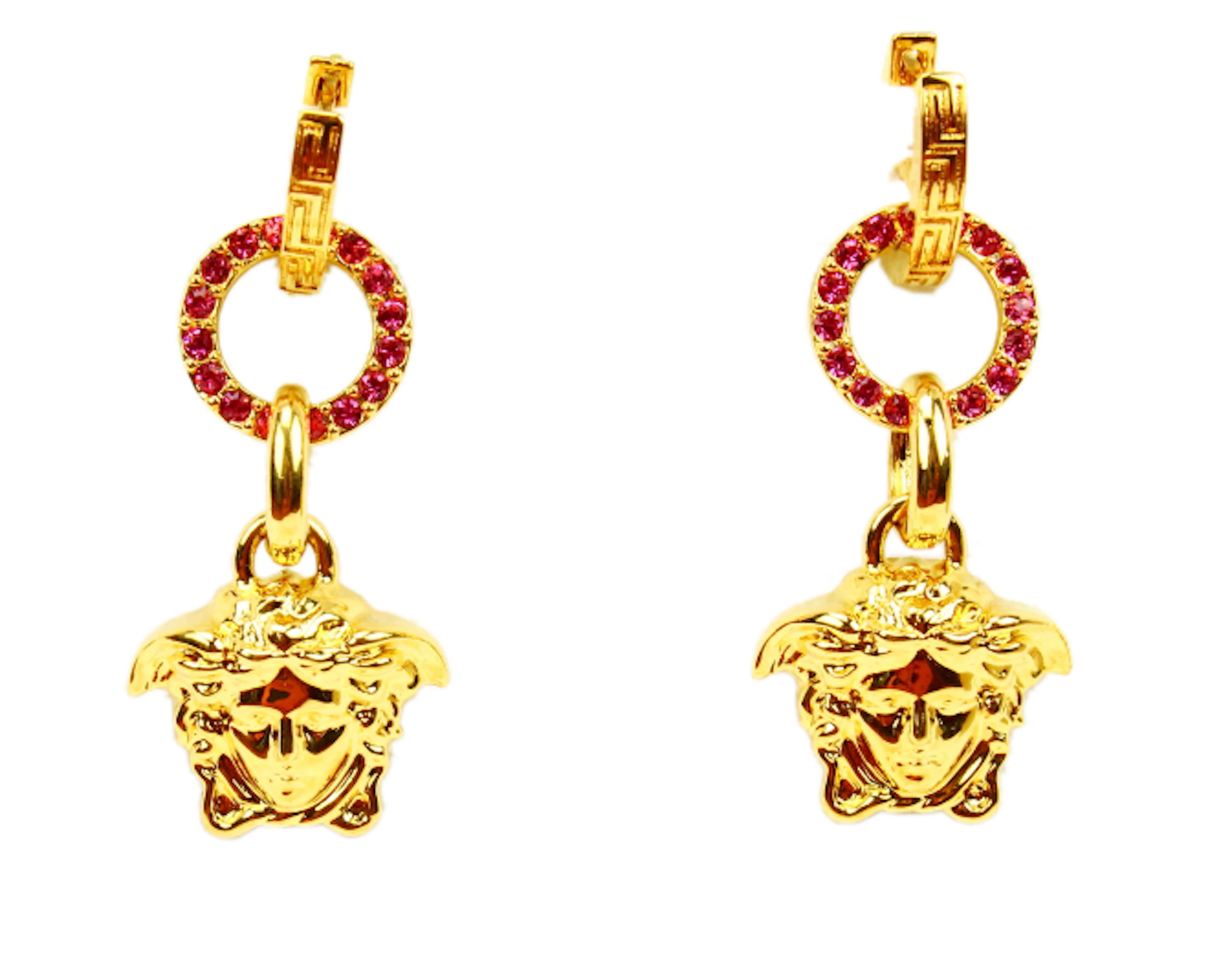 Versace 2" Medusa Head Drop Earrings W/Pink Swarovski Crystals Brand New in Original Boxes W/Tag & Authenticity Card