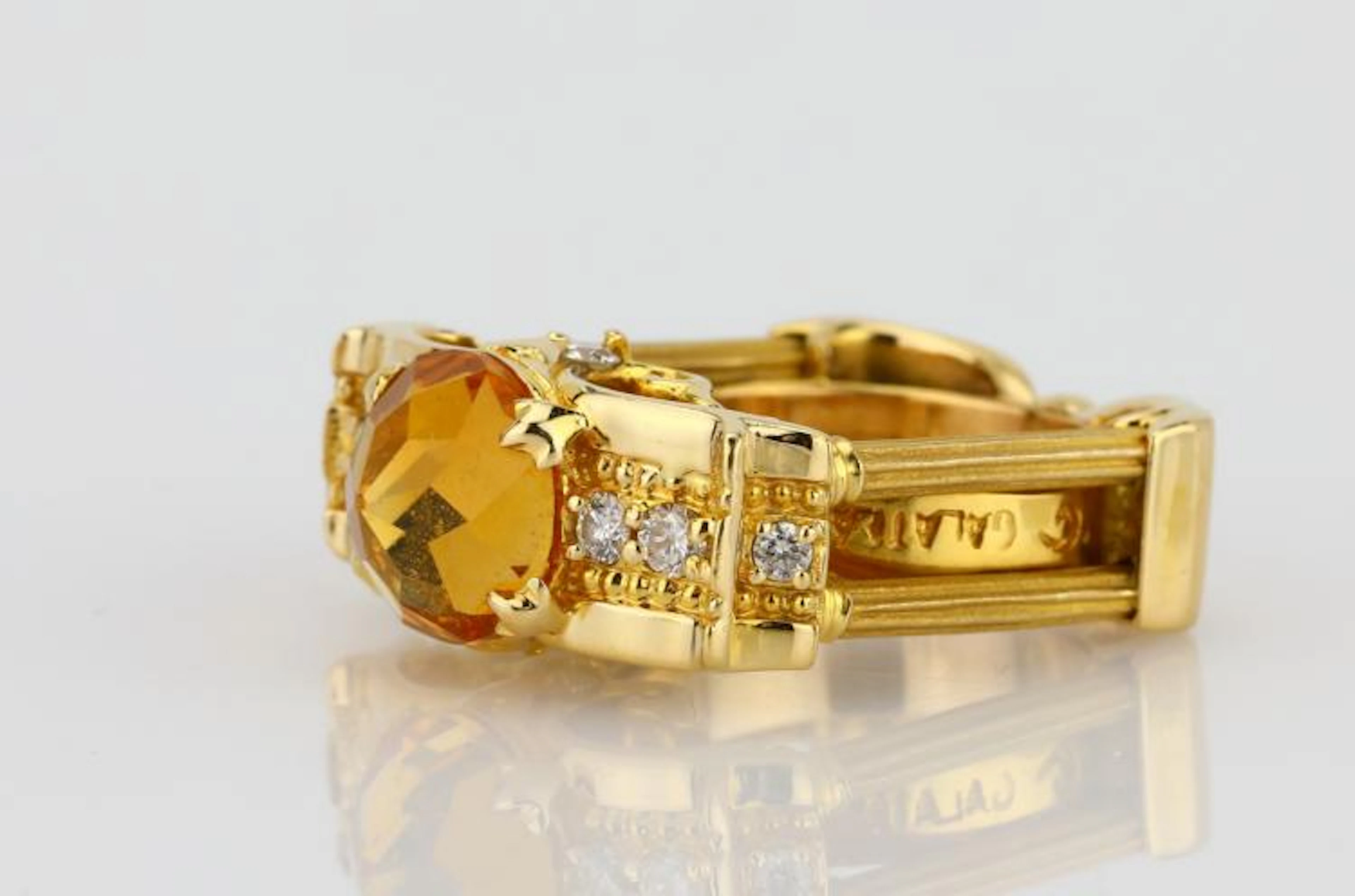 Galatea 3.50ct "DavinChi" Cut Citrine, 0.45ctw SI1-SI2/G-H Diamond & Solid 14K Yellow Gold Structural Column Ring