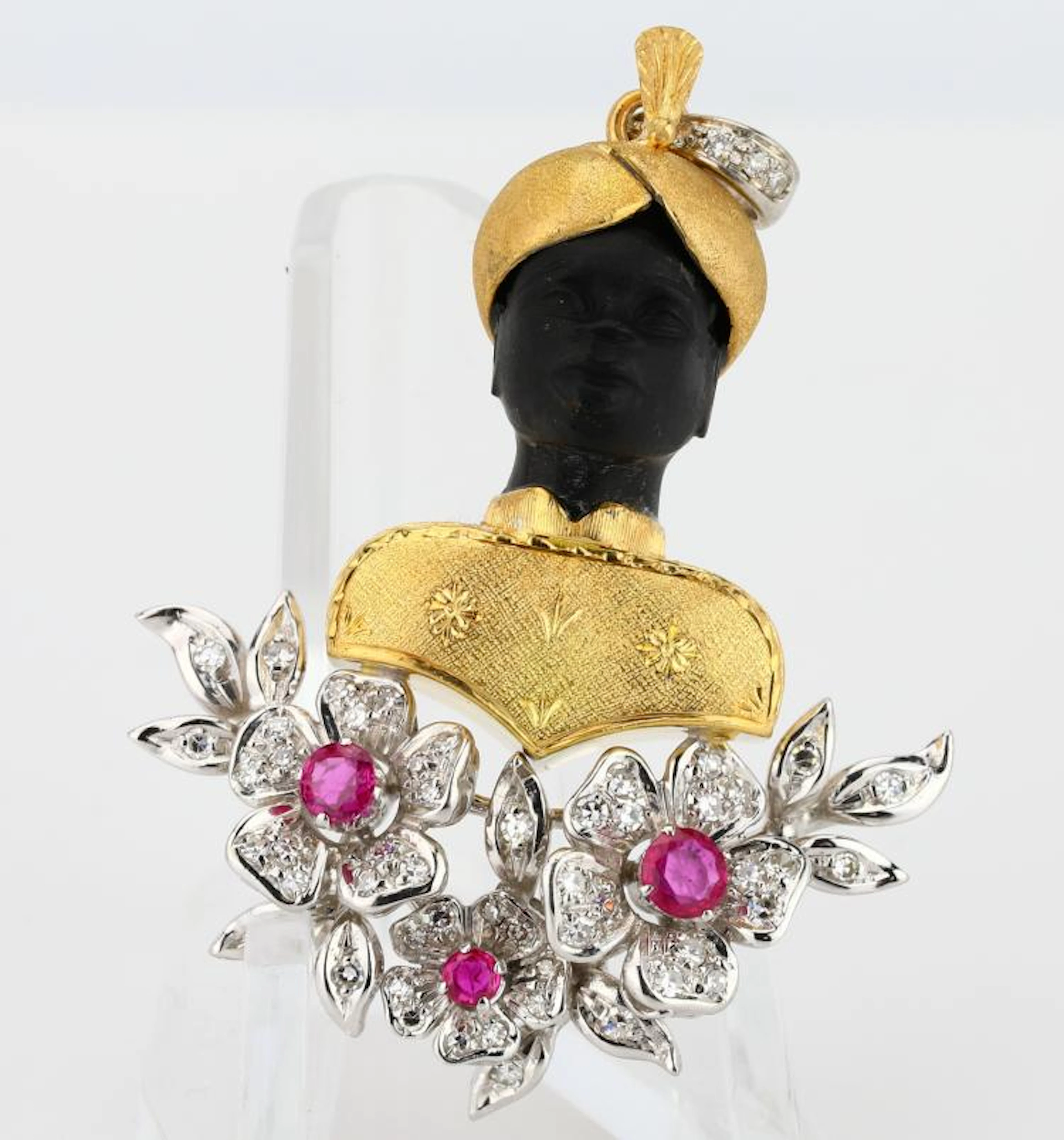 Italian 0.75ctw VVS2-VS1/E-G Diamond, 0.55ctw Burma Ruby & Solid 18K Yellow/White Gold Handmade Venetian Moretto Pendant Attributed to Luciano Somenzi