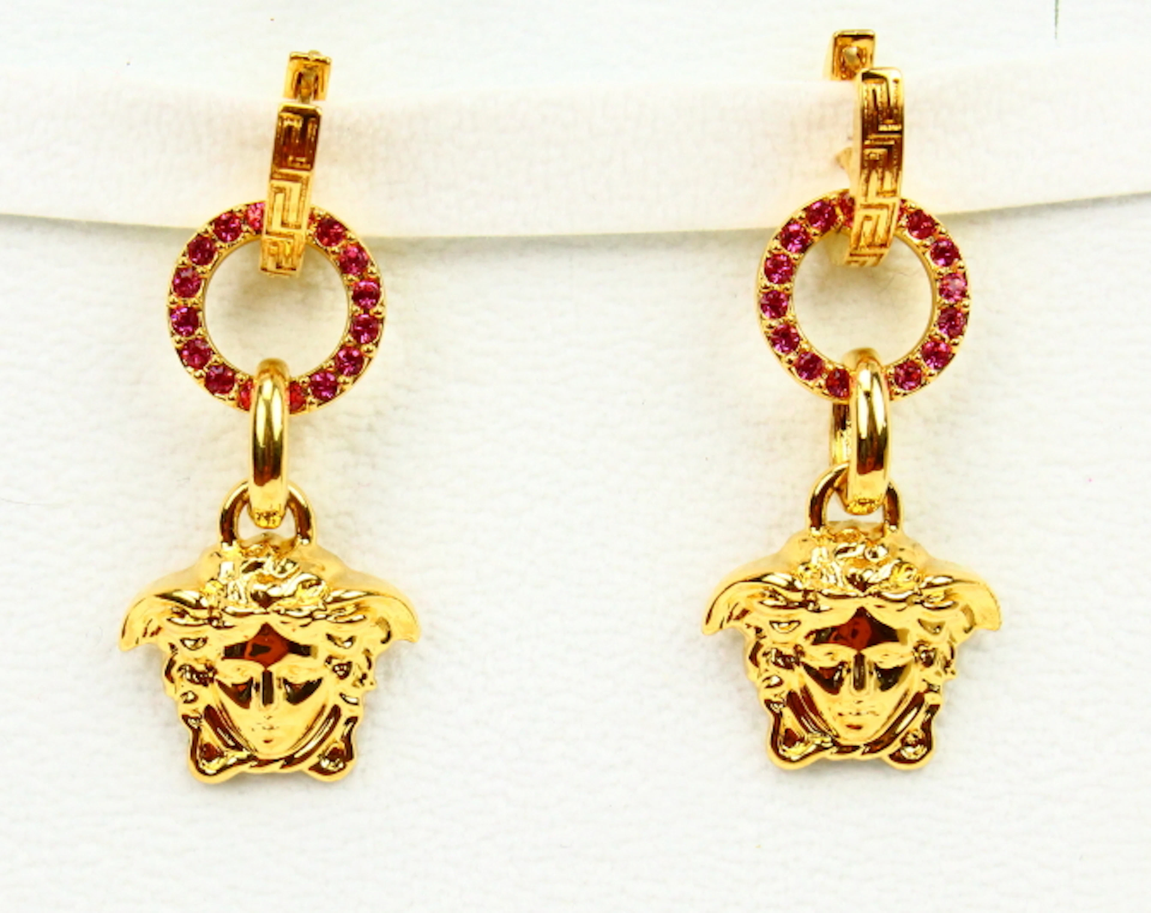 Versace 2" Medusa Head Drop Earrings W/Pink Swarovski Crystals Brand New in Original Boxes W/Tag & Authenticity Card