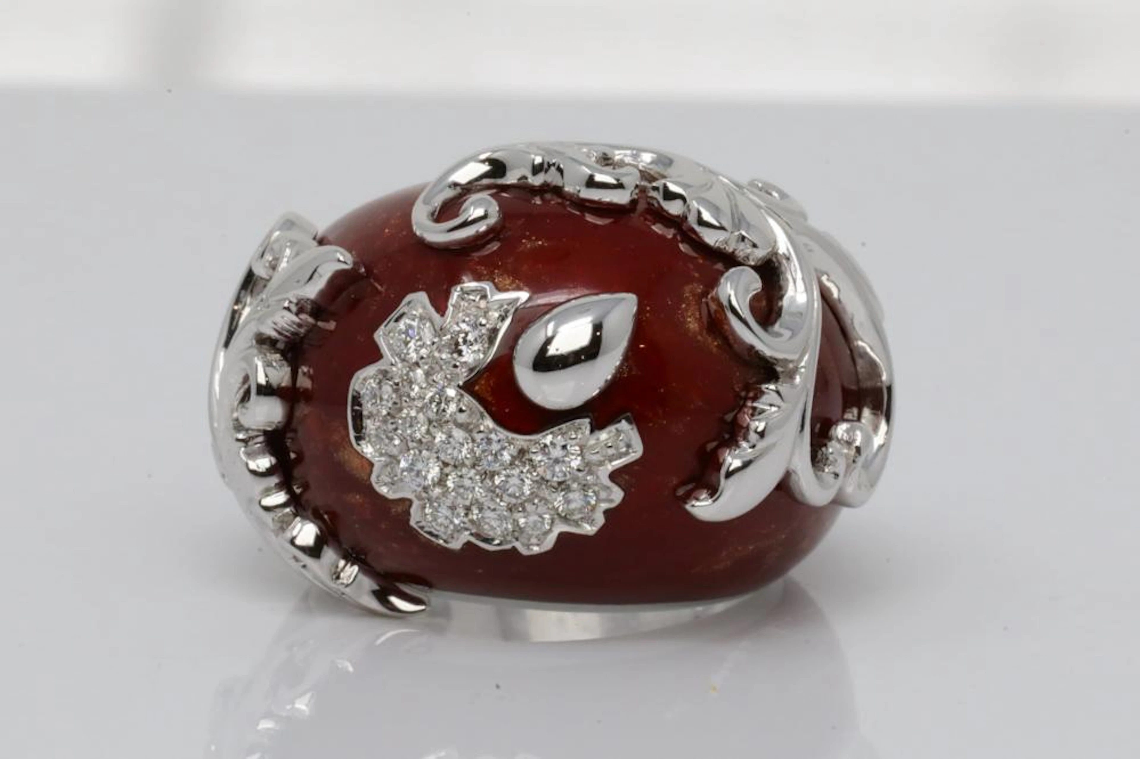 La Nouvelle Bague 0.30ctw VS1-VS2/G-H Diamond, Burnt Red Enamel & Solid 18K White Gold 18.5mm Wide Ring