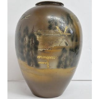 Antique Japanese 1890s Bronze Mixed Metals Vase Meiji E