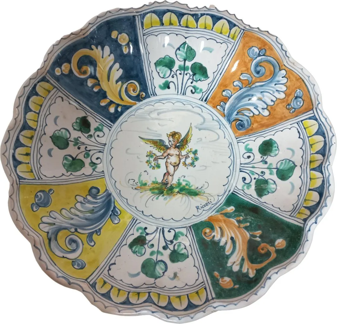 Signed Ricceri Hand Painted Majolica 12in Fluted Charger Cherub Firenze ...