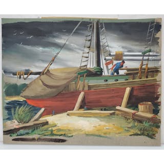 Henry Gasser Original Casein Painting Shipwreck Boat Storm Painting