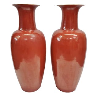 Antique Chinese Qing Qianlong Mark 23in Iron Red Vase Pair
