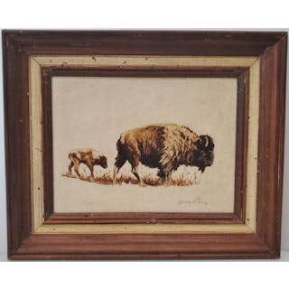 American Bison Buffalo Calf Oil Painting on Canvas Board Signed Illegibly
