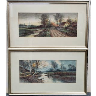 George Ernest GE Colby Antique Landscape Watercolor Painting Pair