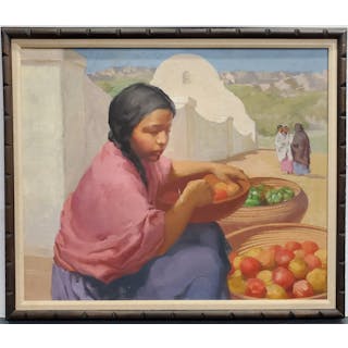 Charles Bensco Native American Girl Sorting Fruit Oil Painting on Canvas