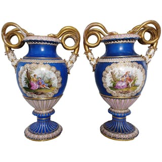 Large Heavy 19 Inch Gilt Meissen Type porcelain Handled Scenic Urn Vases