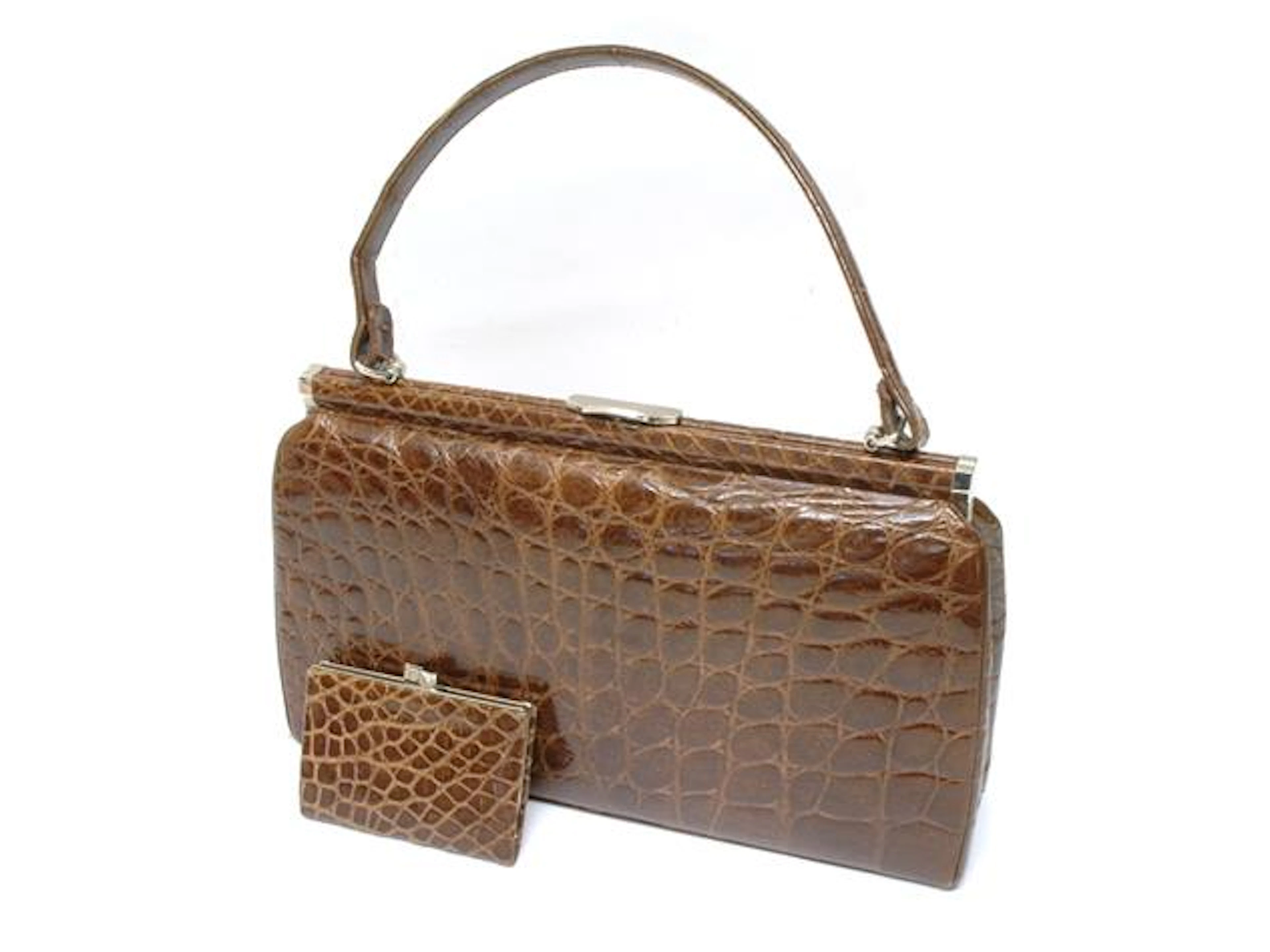 VÄSKA+PORTMONNÄ ljusbrun krokodil 31x19x6 cm 10x7 cm ca 1960-tal