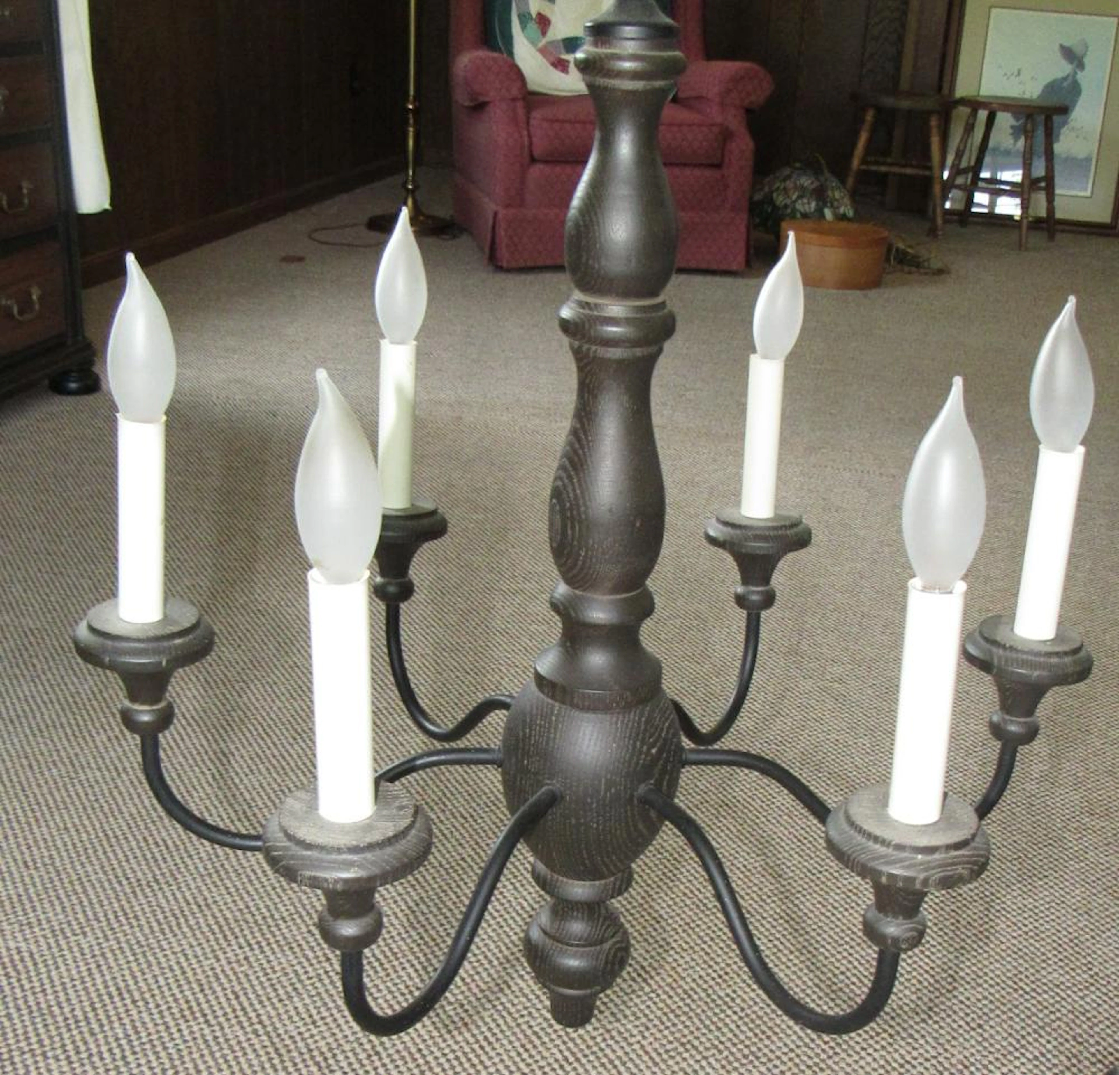 Vintage Wooden Country Chandelier Six Light Fixture , 21" Dia x 24"H, EC