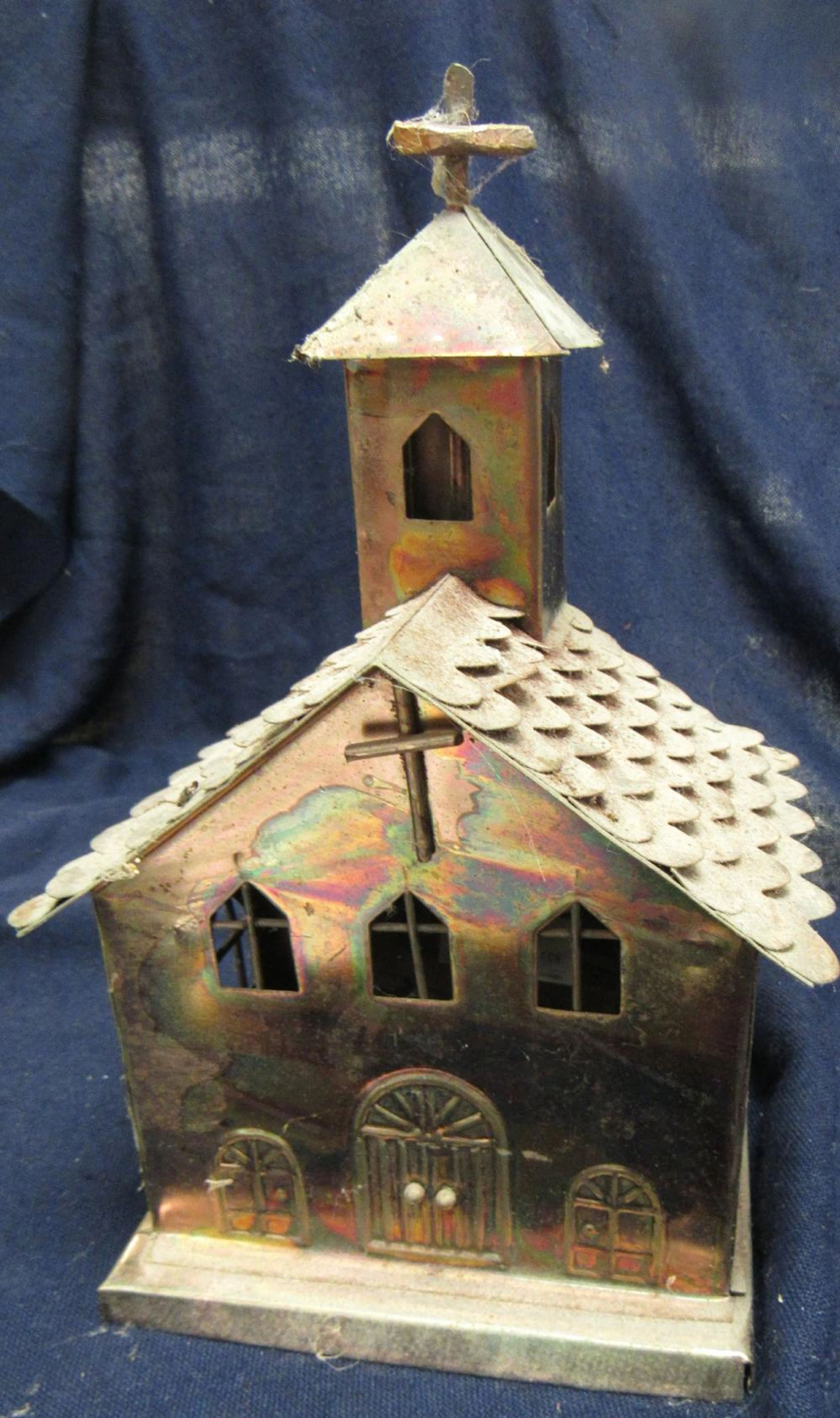 Vintage Copper Tin Art Sculpture Music Box Church 10" Winds Up