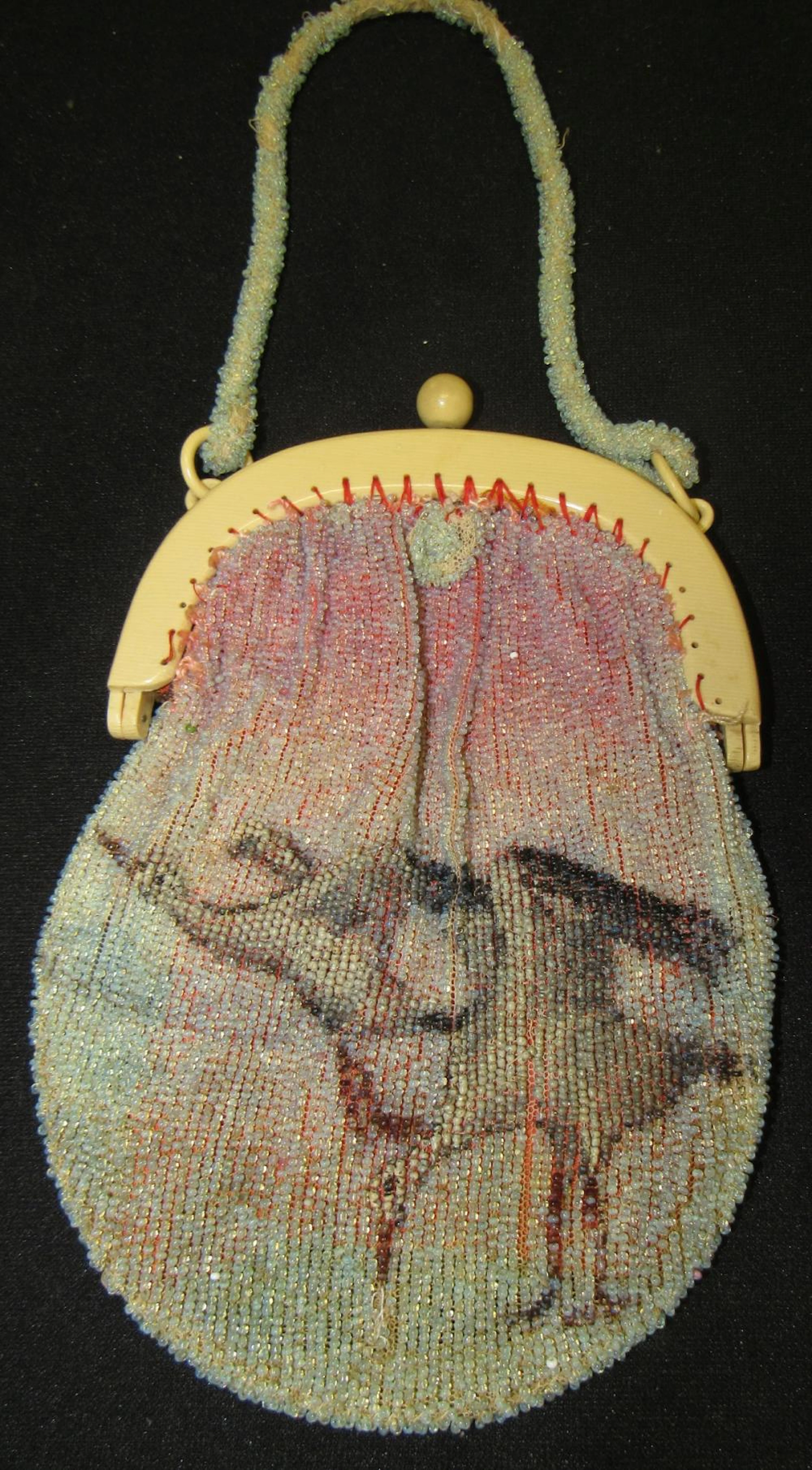 Antique Sensational Bakelite Frame Beaded Purse with Bird Design