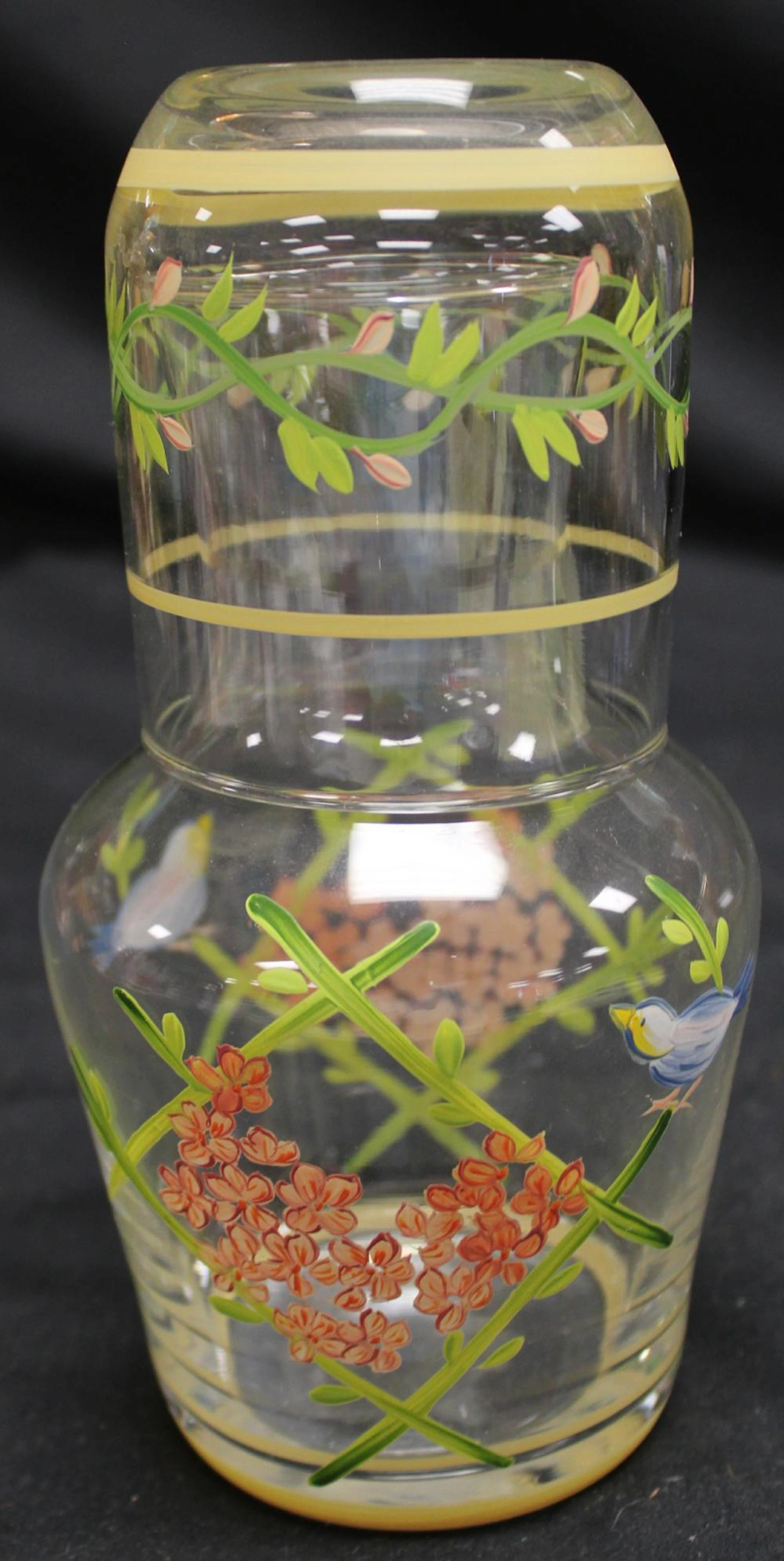 Vintage Hand Painted Enamel Flowers Glass Tumble Up Bedside Carafe, 7 1/2"H, EC