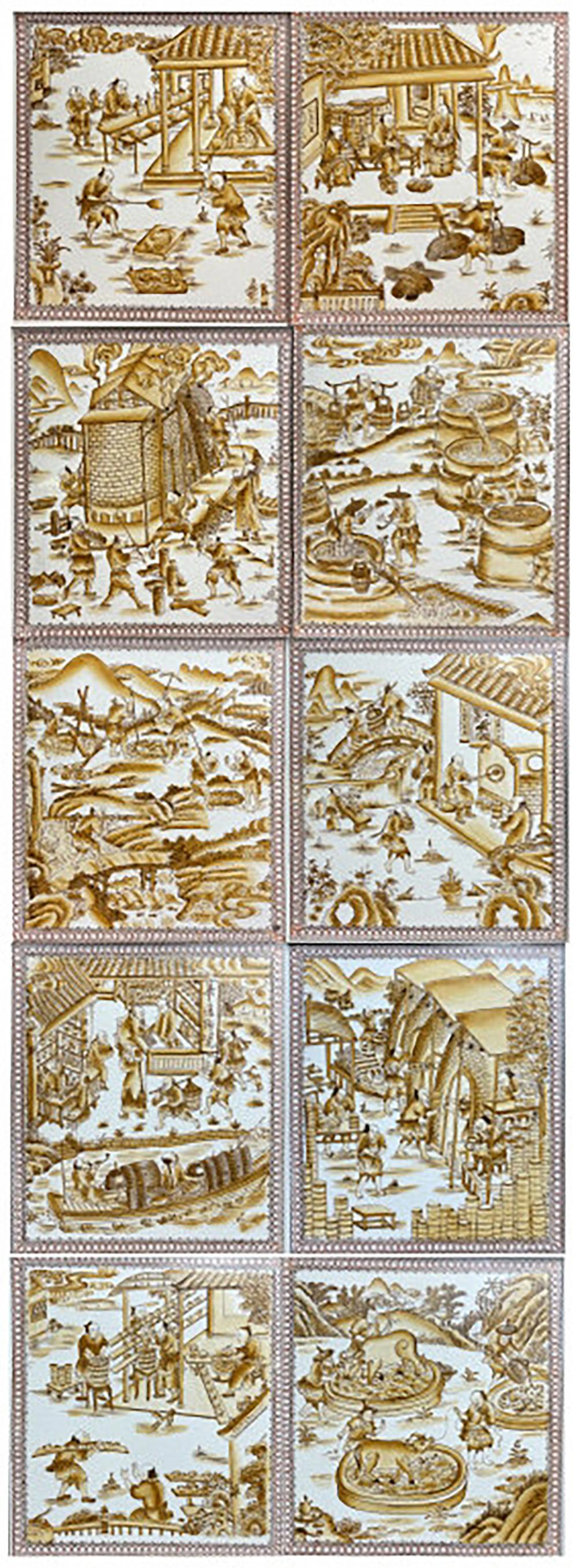 A Set Of 10 Framed Ming Dynasty Porcelain Painting