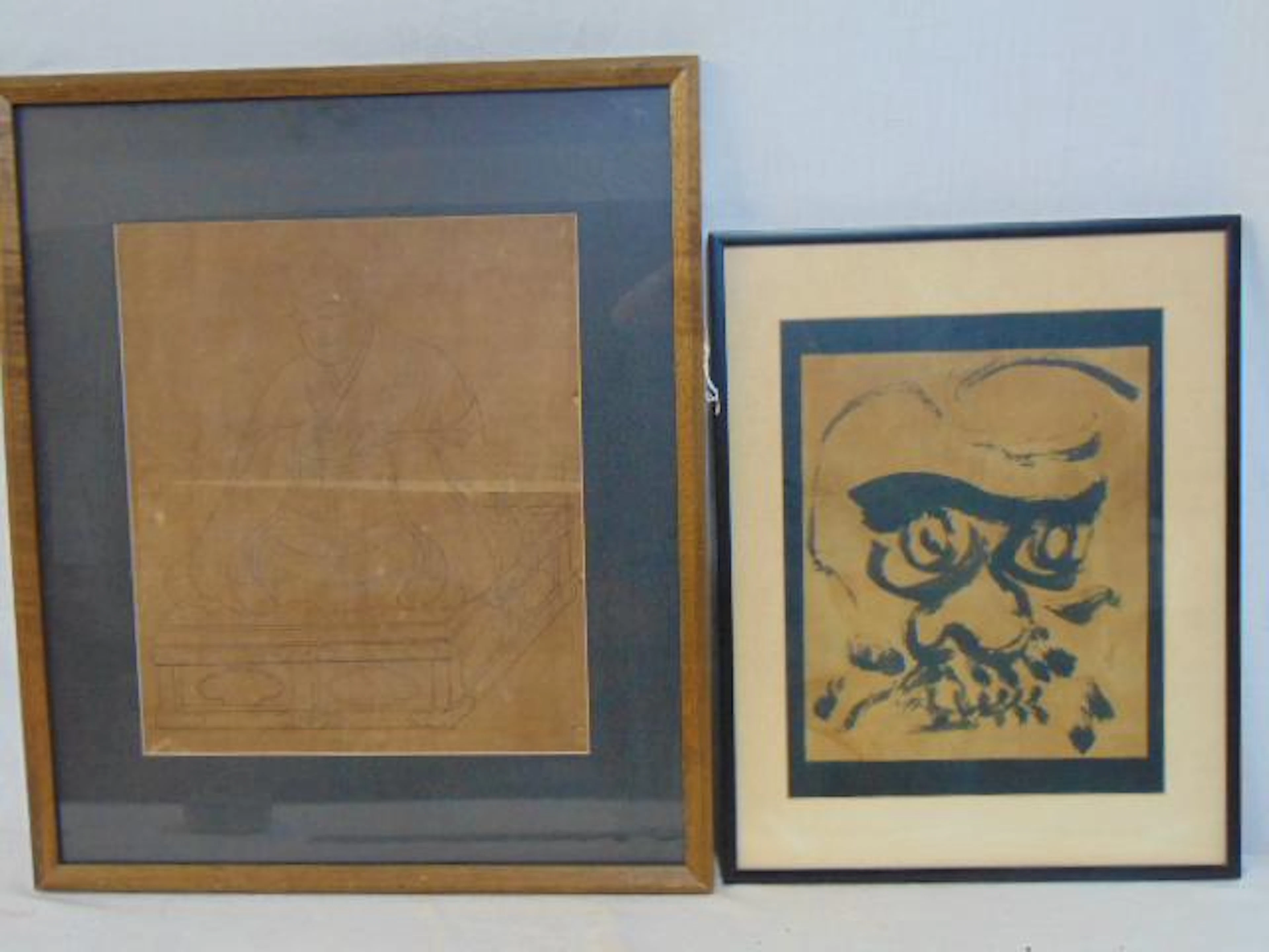 Two Asian drawings, Buddha & face, unsigned, on paper,