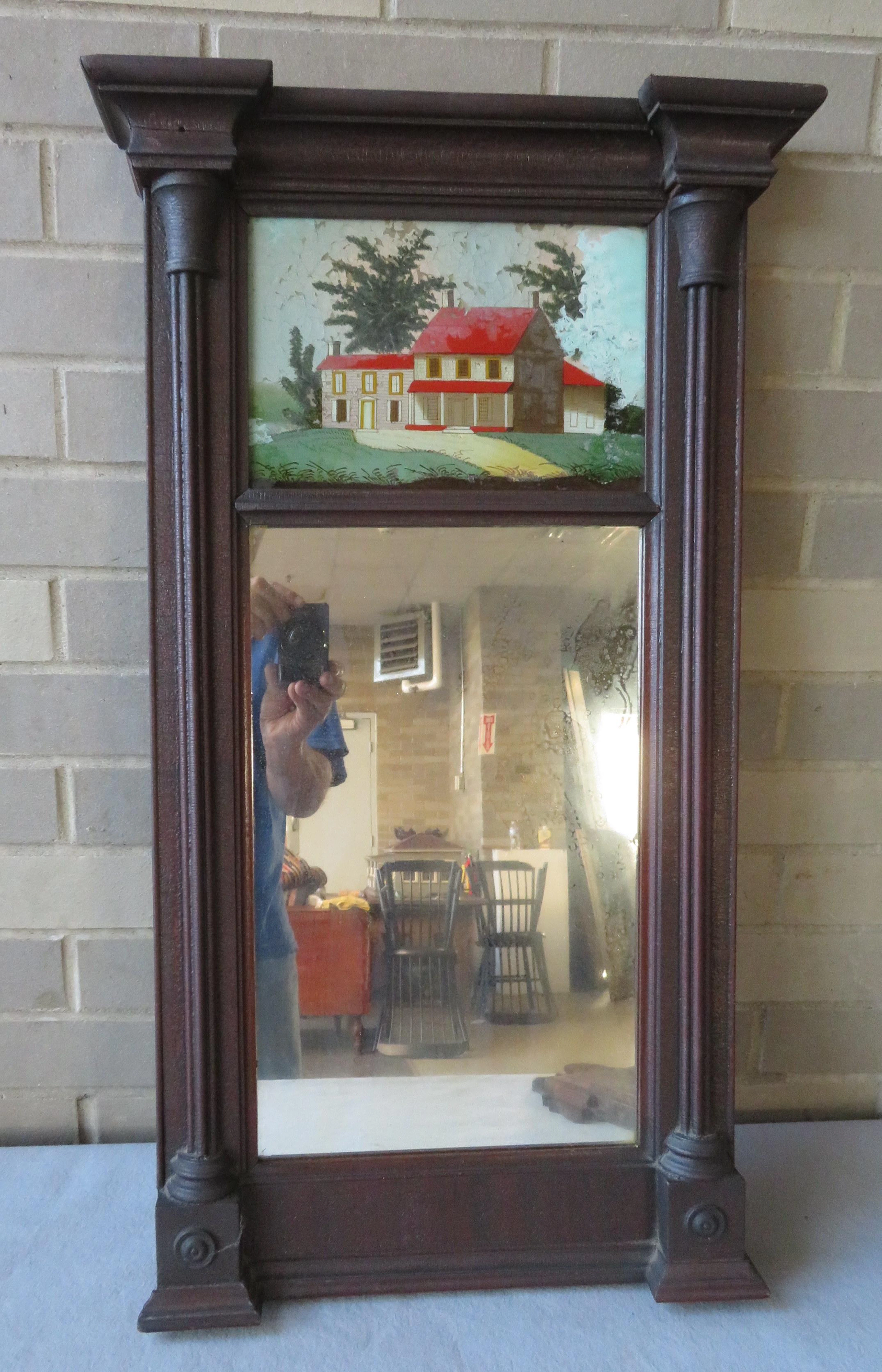 Sheraton wall mirror having an upper tablet with a