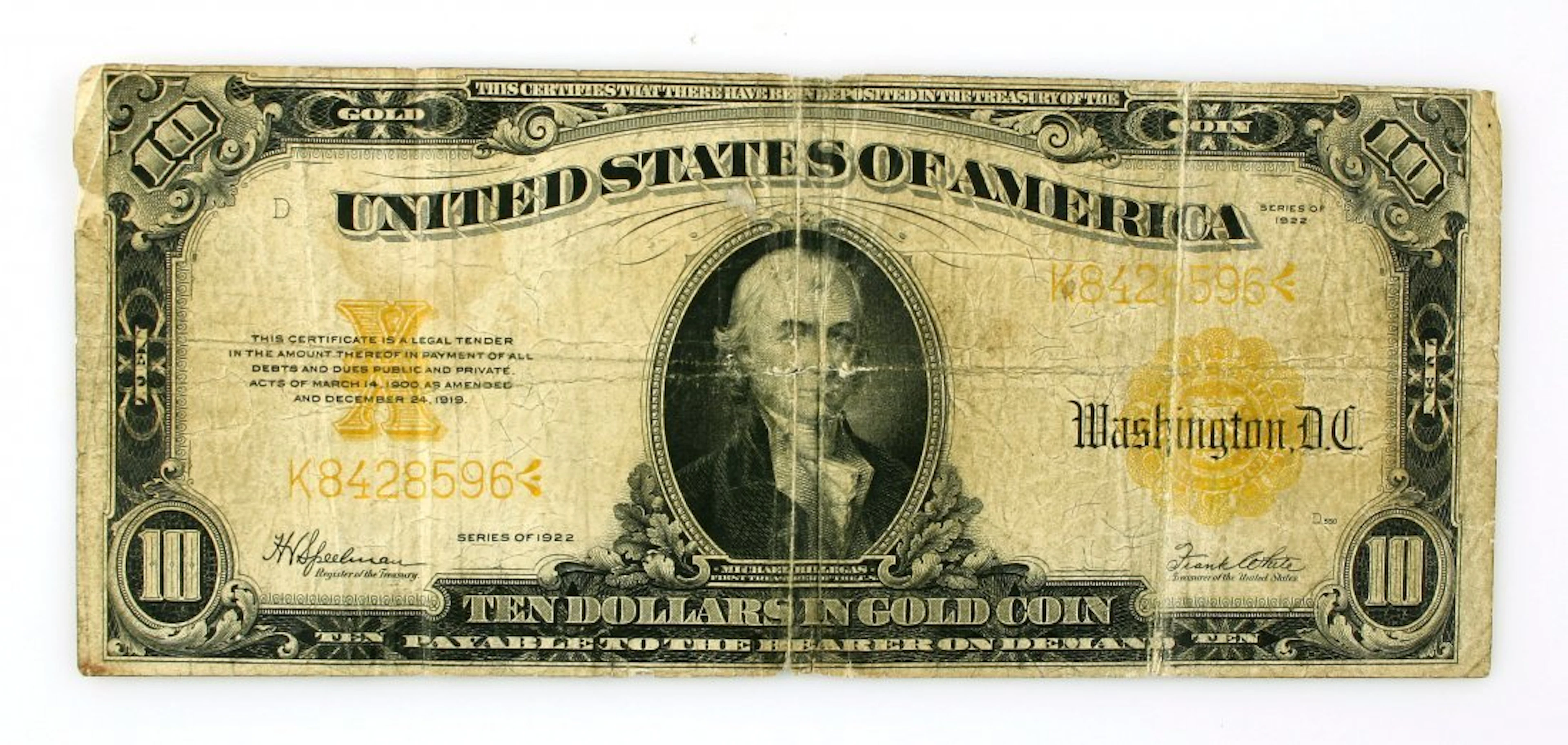 LARGE 1922 $10 Gold Certificate