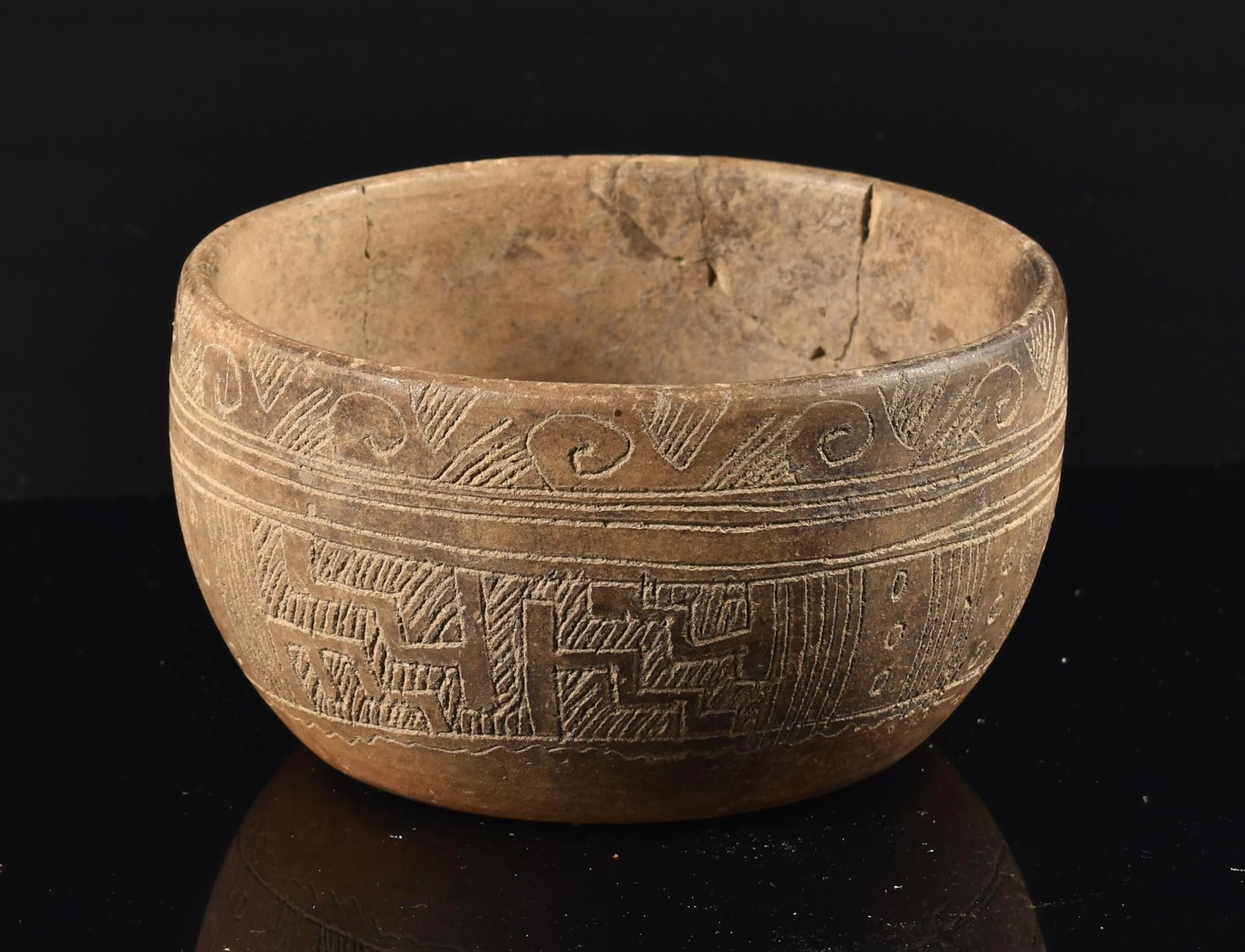 2-5/8" Pre Columbian Pottery Bowl with Engraved Designs