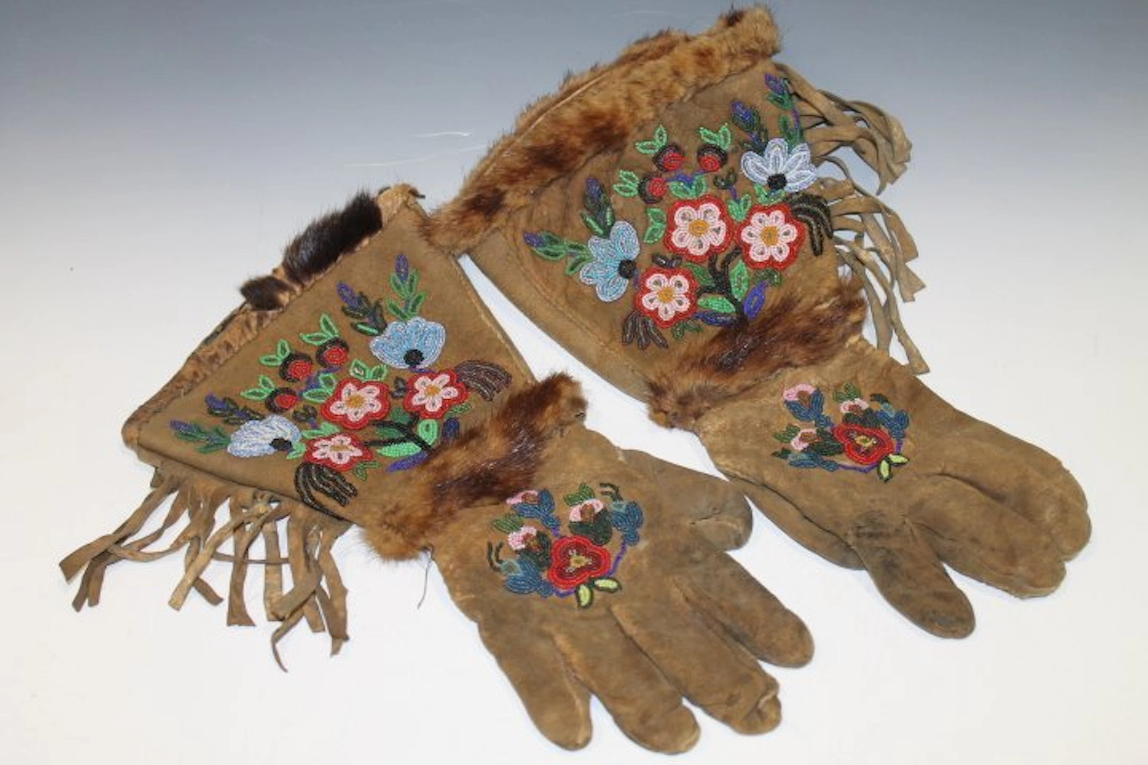 Hand-Beaded & Fur Antique Indian Gauntlets