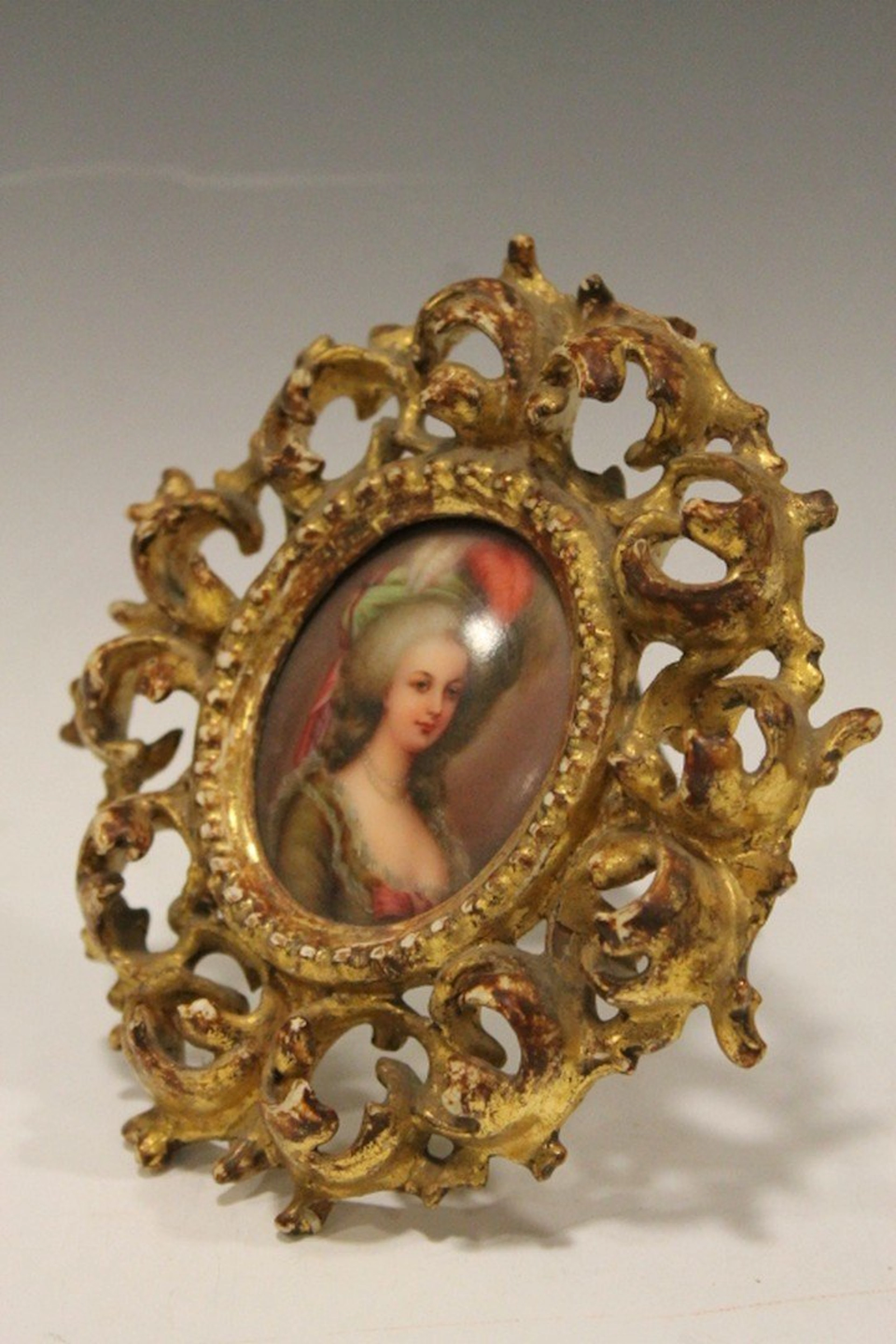 19th C Portrait on Porcelain in Rococo Frame