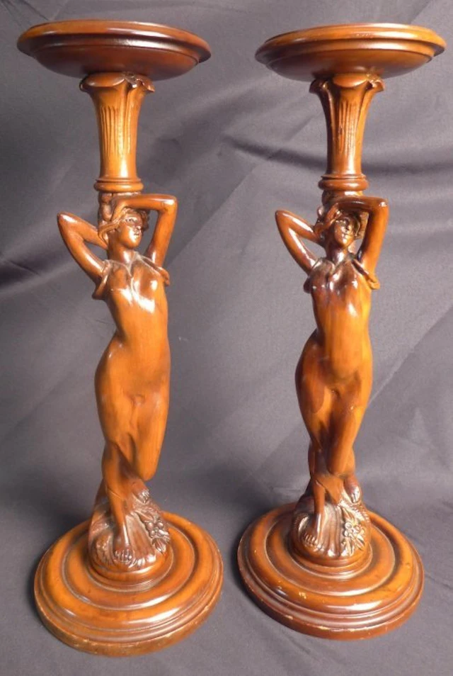 Pair Carved Wood Figural Candle Holders