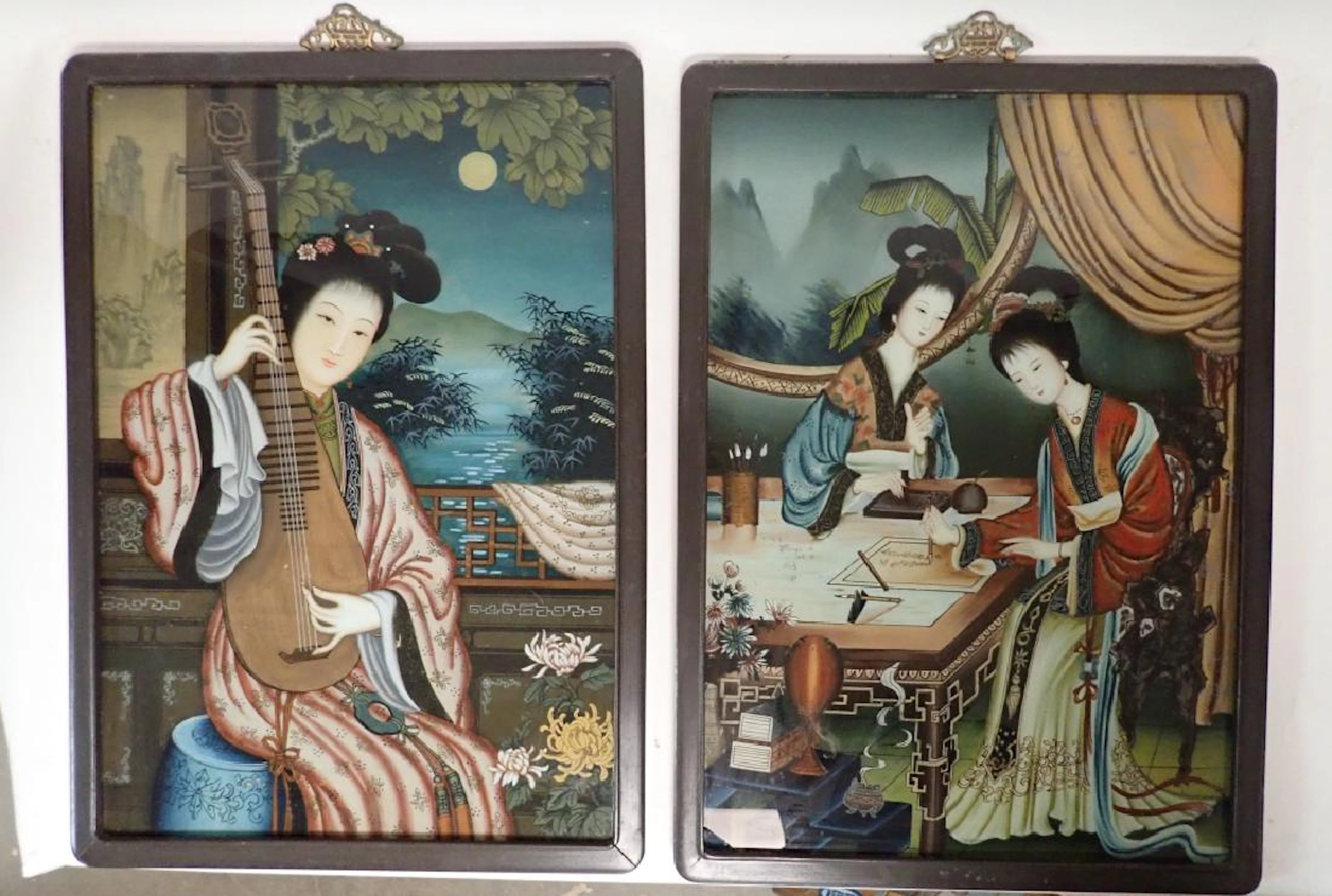 Pair of Asian Reverse Glass Figural Paintings
