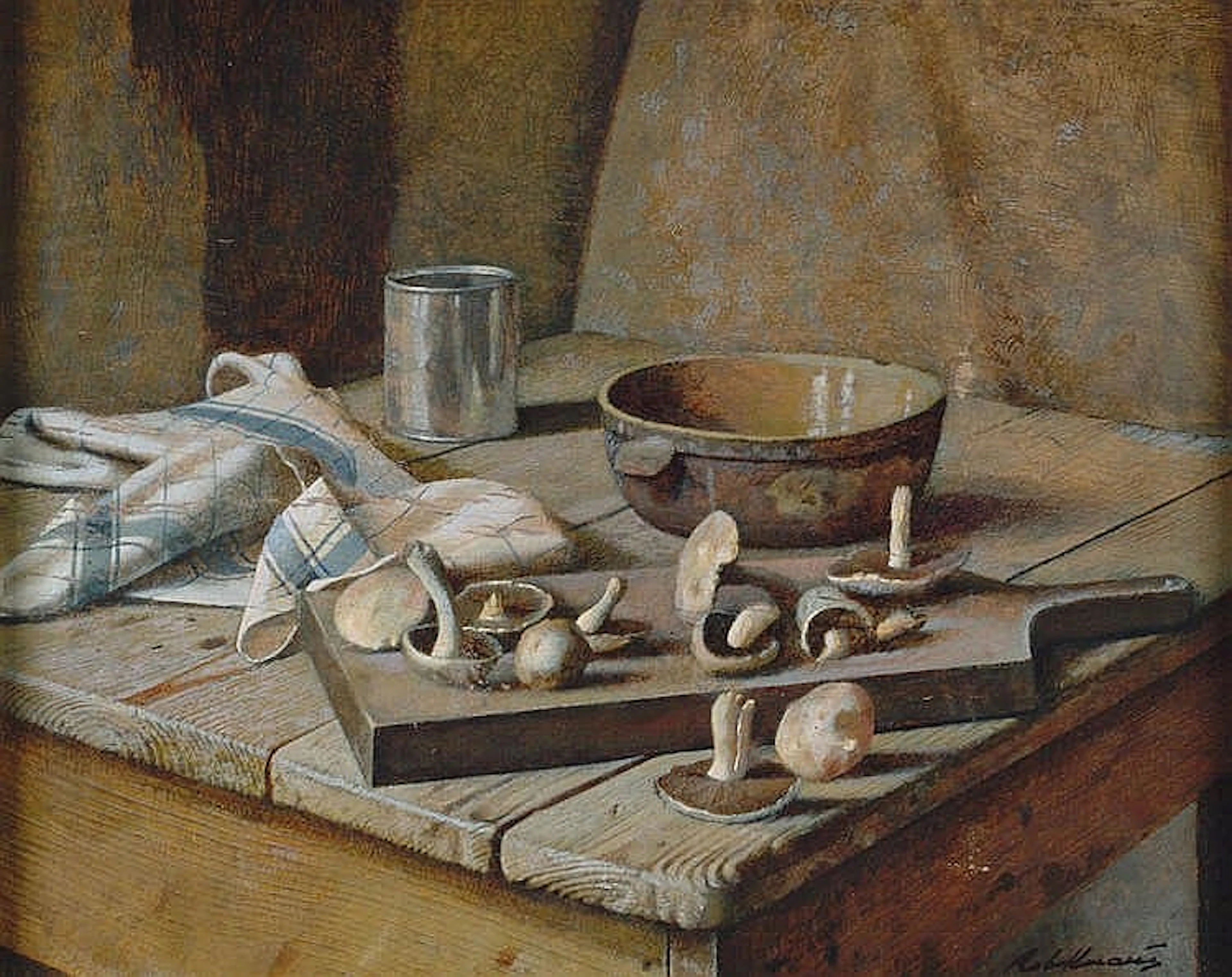 Knaus, Robert (1900?). Stillleben mit Pilzen. Öl auf Holz. 40 x 50 cm. Unte