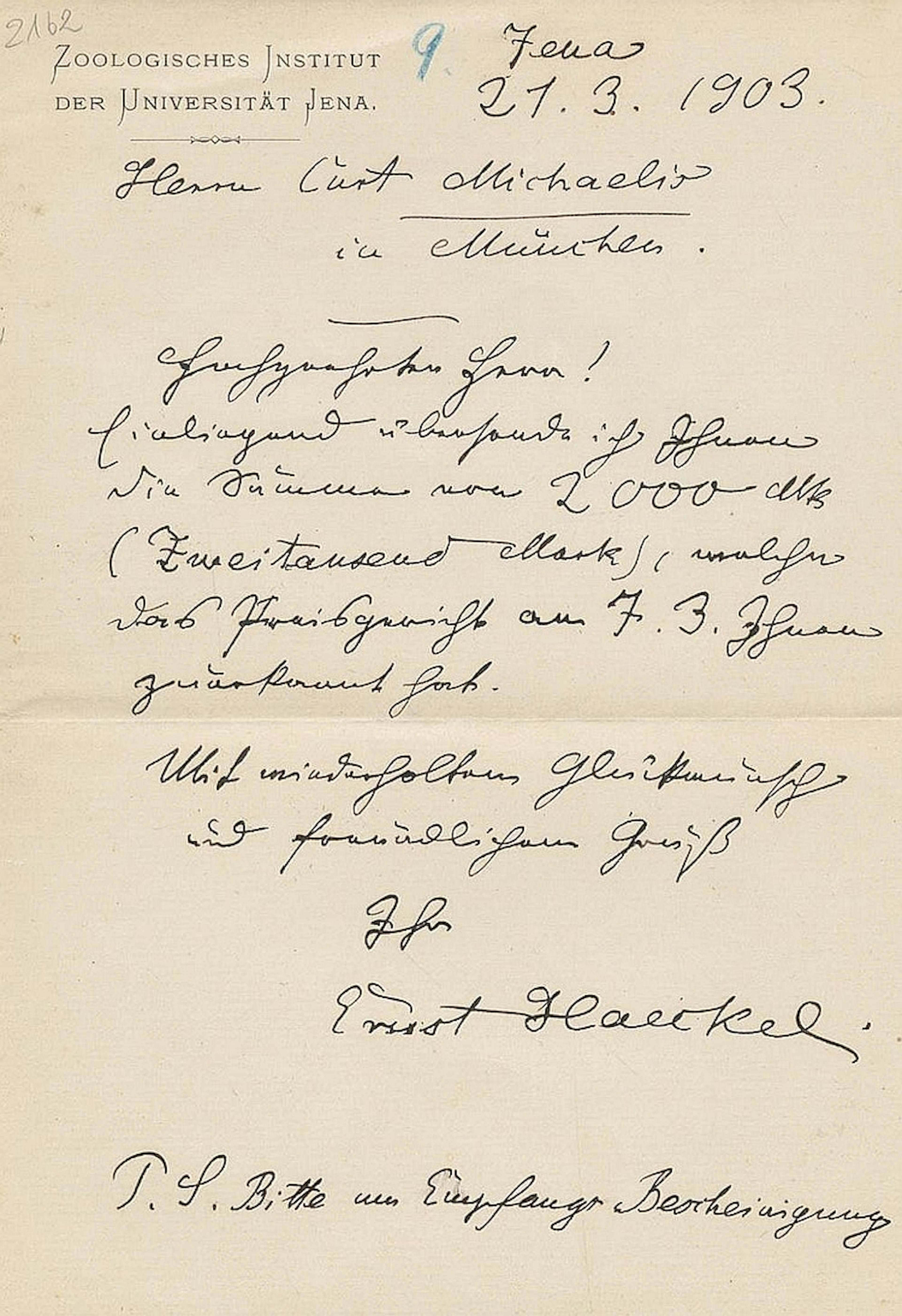 Haeckel, Ernst - Naturforscher (1834-1919). Eh. Brief mit Unterschr., Je