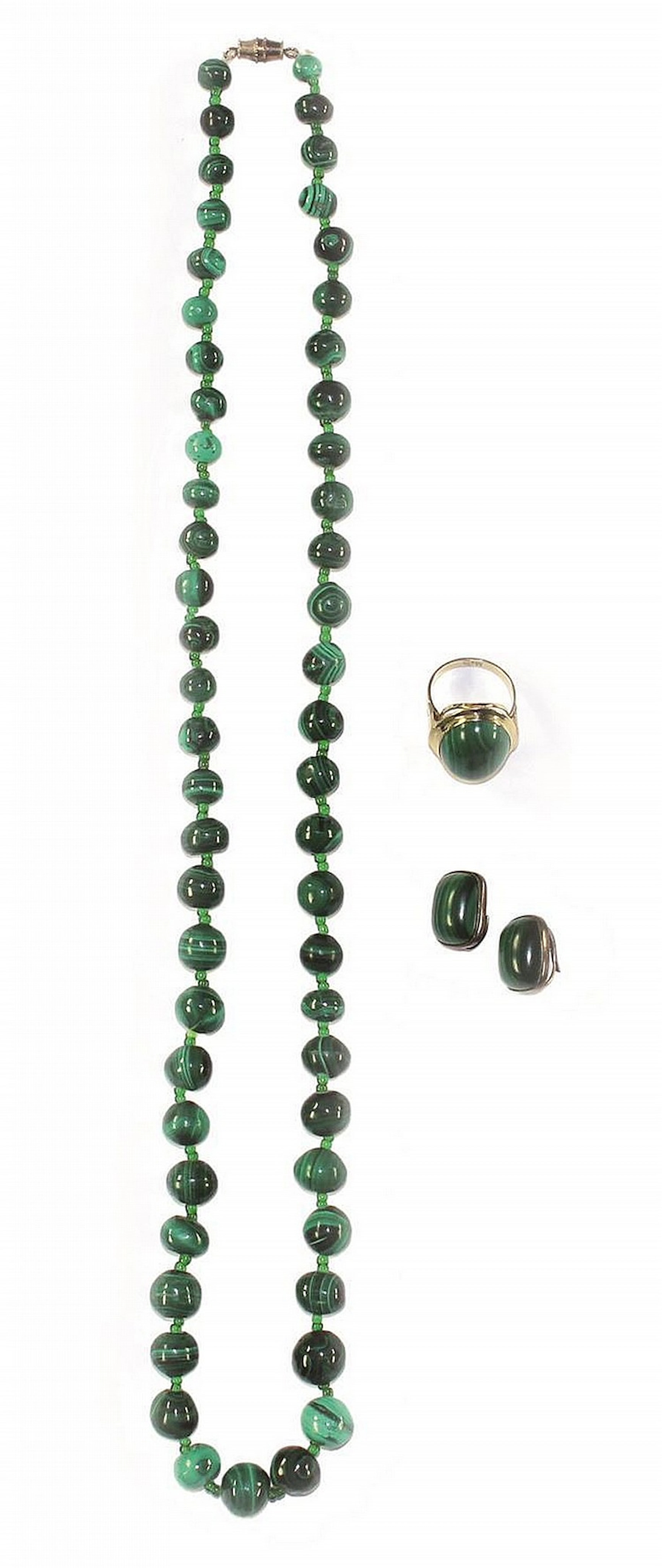 Malachit. Ring 585, Collier u. Ohrringe. Set 2.H.20.Jhdt. Collier mit