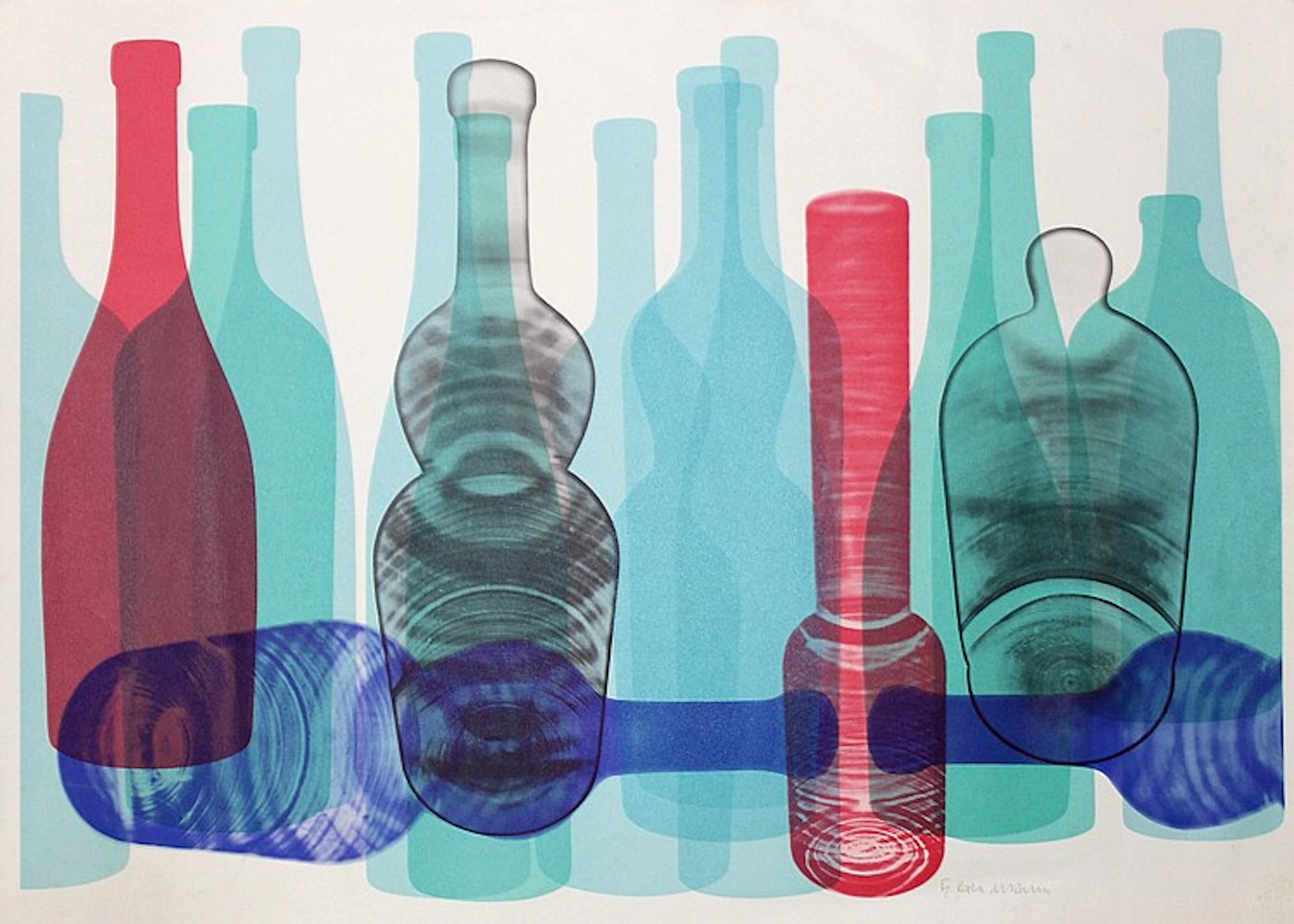 Eggmann, Hermann (1931-2016). Komposition (farbige Glasflaschen). Farb