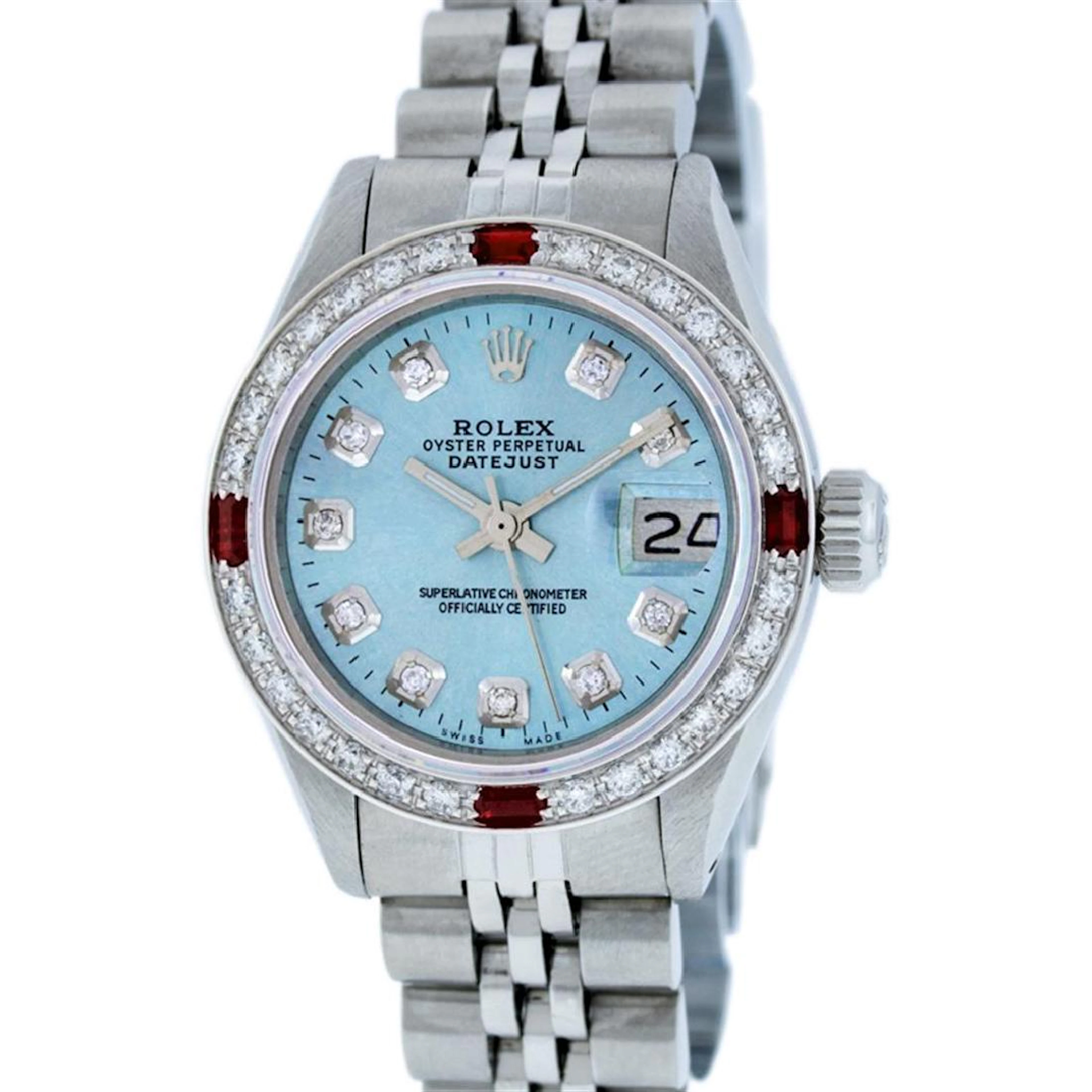 Rolex Stainless Steel Diamond and Ruby DateJust Ladies