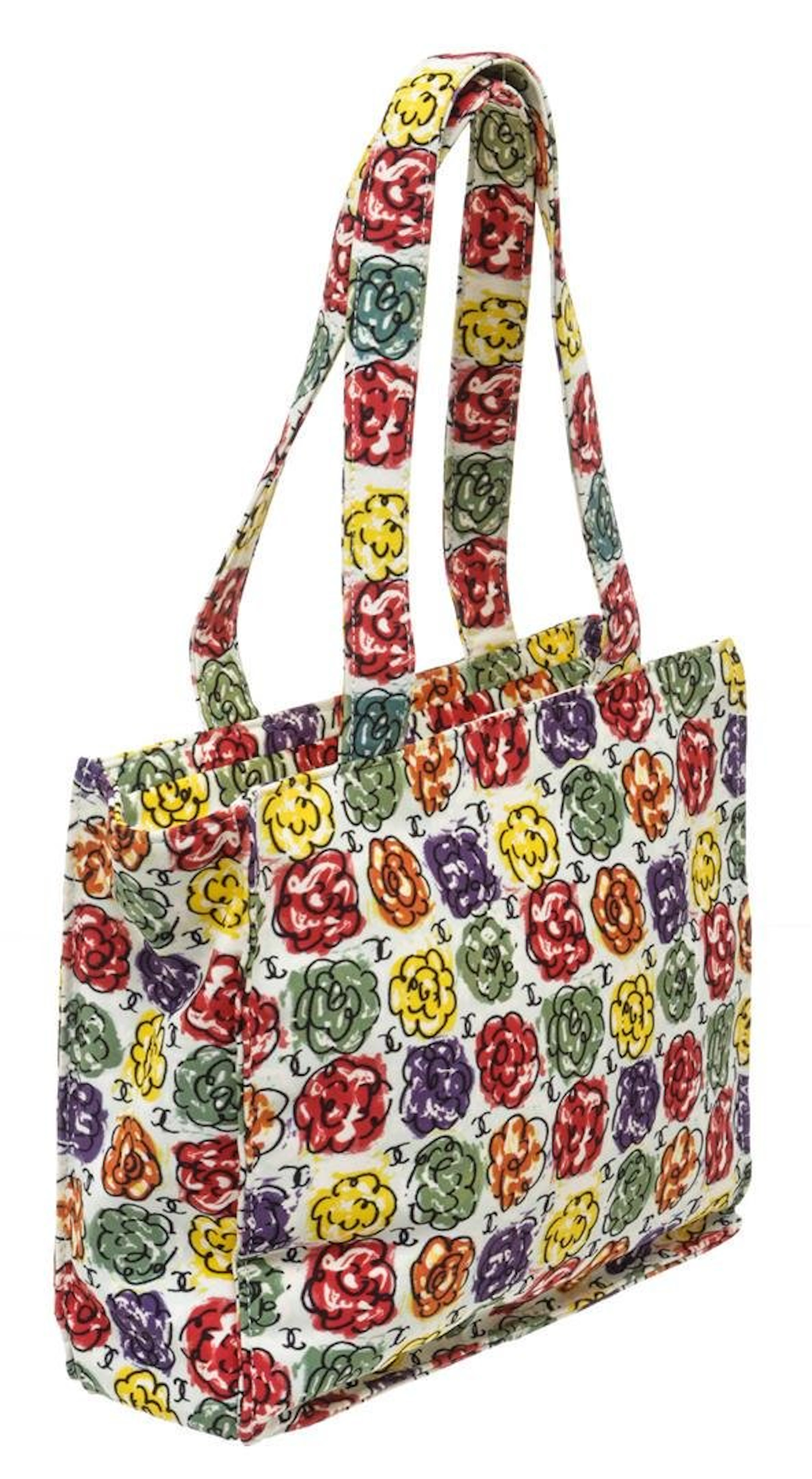 Chanel Ivory Multicolor Floral Print Camellia Tote Bag