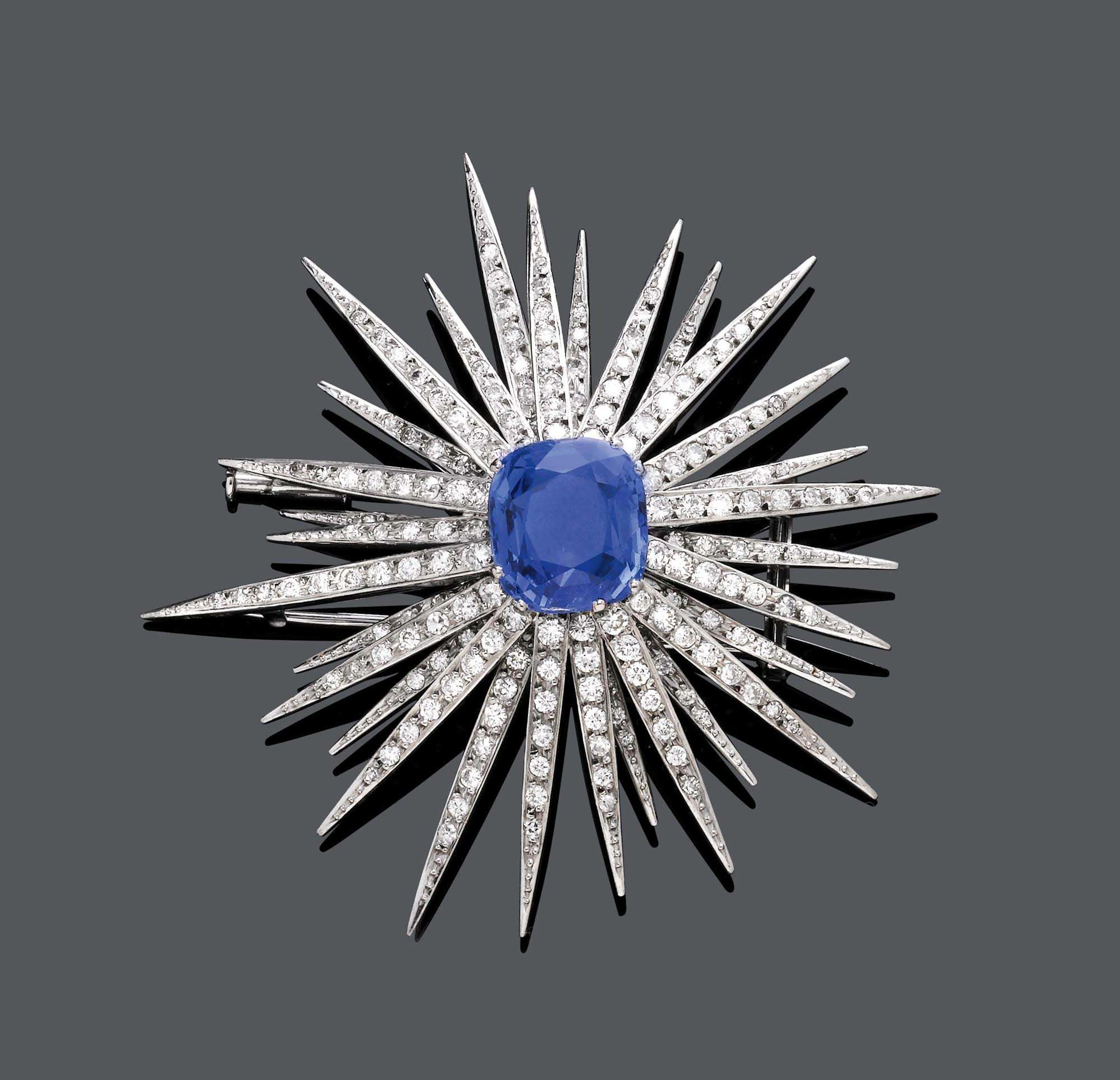 BURMA-SAPHIR-DIAMANT-CLIPBROSCHE, IGOR FABERGÉ, um 1950.