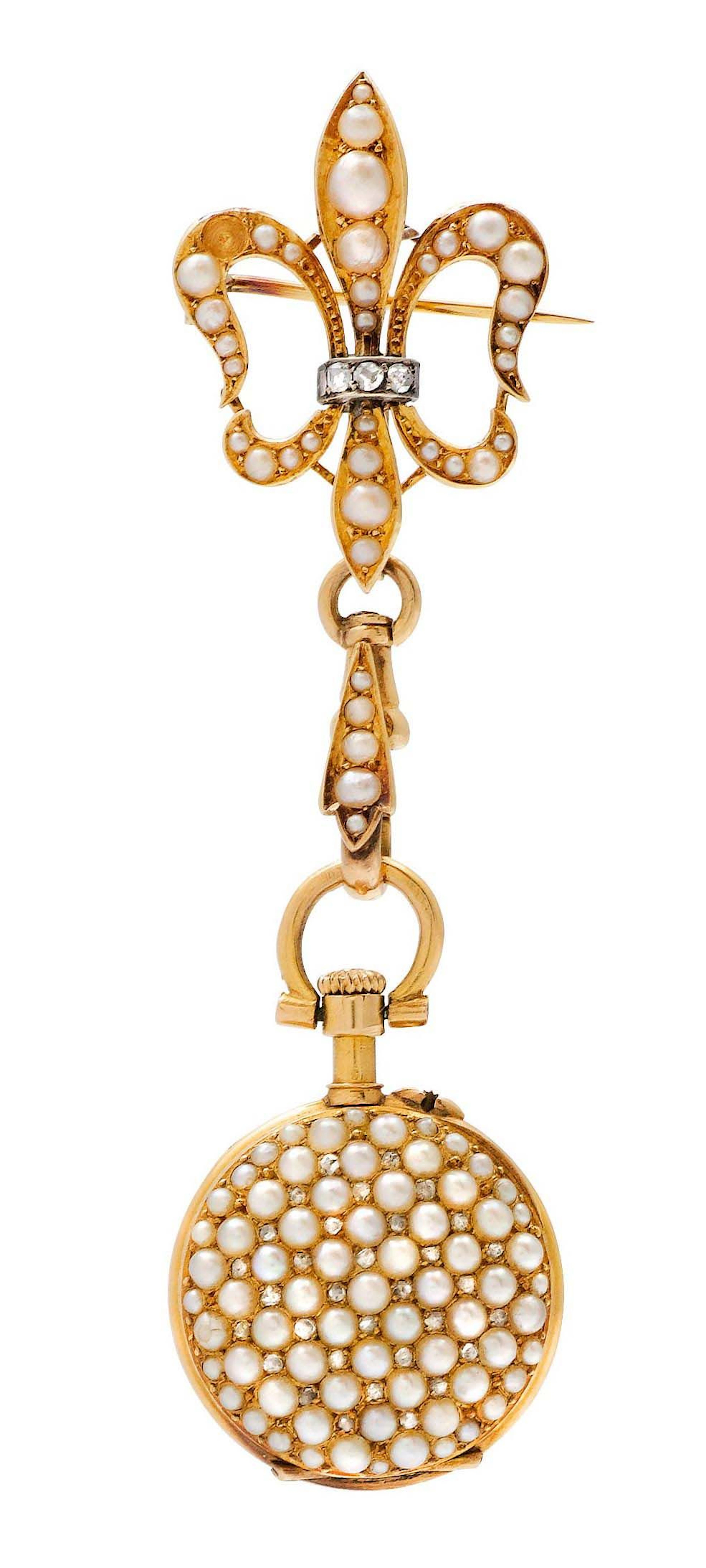 MINIATUR-PERLEN-DIAMANT-ANHÄNGEUHR MIT BROSCHE, ca. 1890.