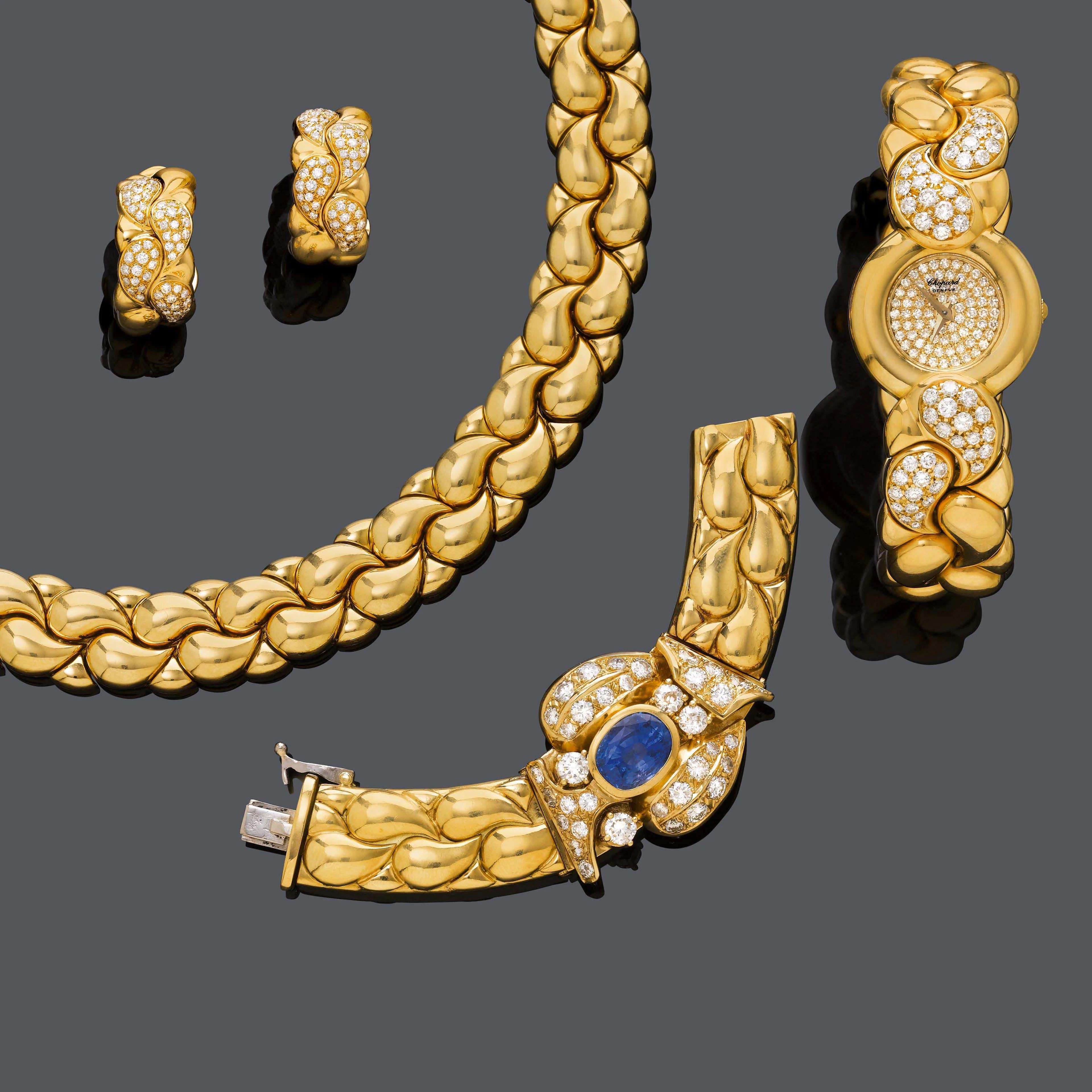 GOLD-DIAMANT-COLLIER, UHR, OHRCLIPS UND RING, CHOPARD, CASMIR.