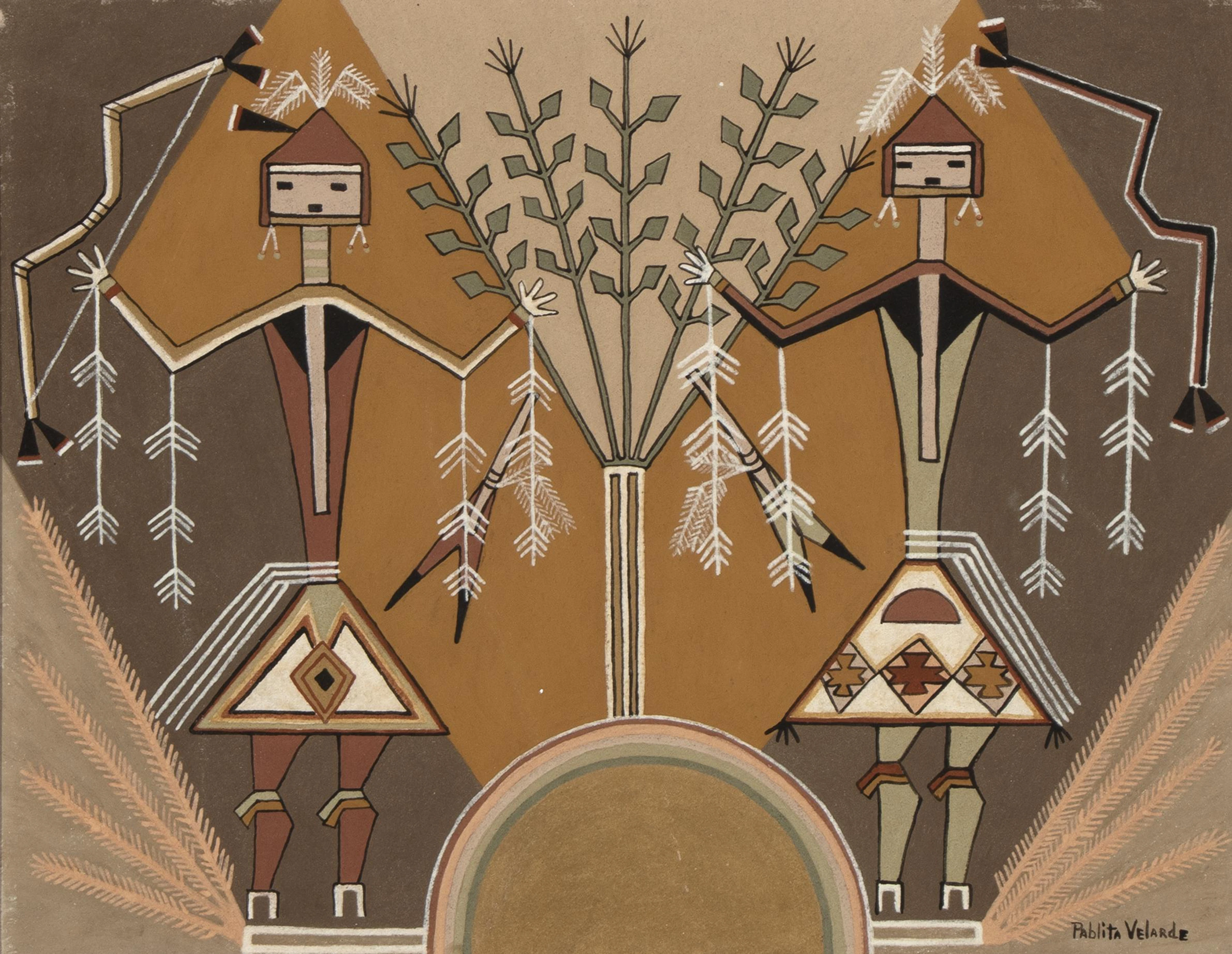 Pablita Velarde [Tse Tsan], Untitled (Two Yei Figures)