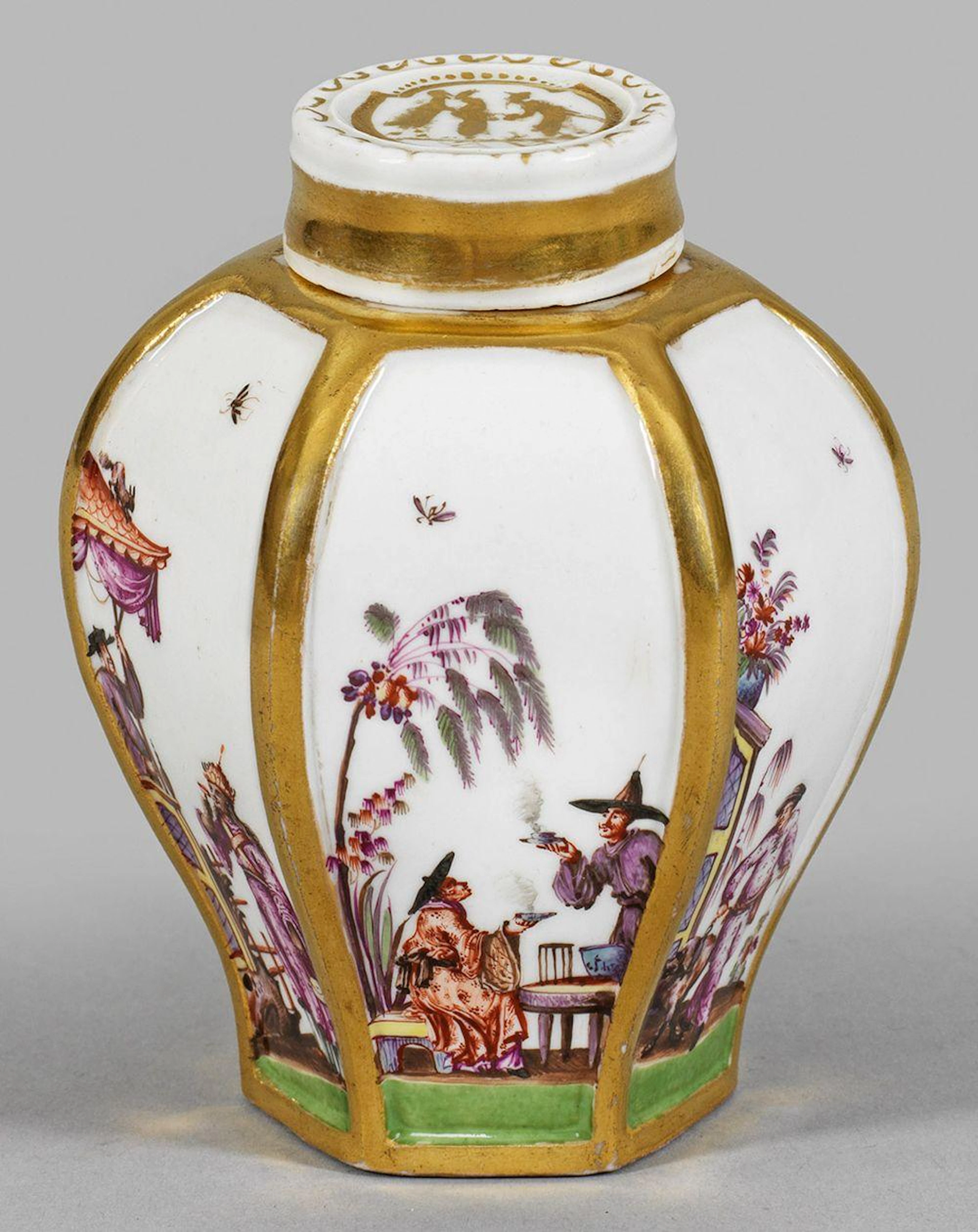 Frühe Teedose mit Hoeroldt-Chinoiserie