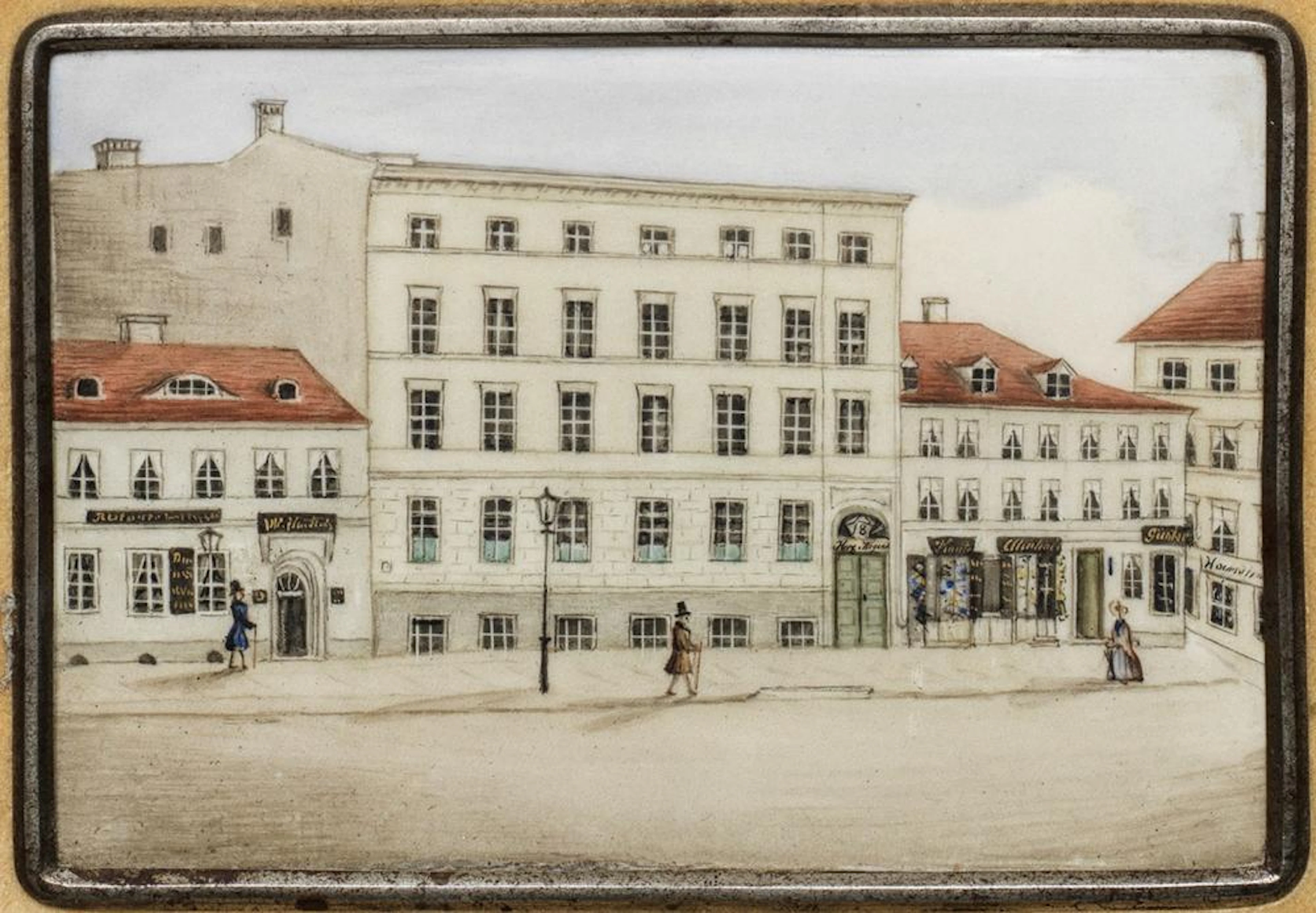 Biedermeier-Porzellanbild mit Berliner Straßenansicht