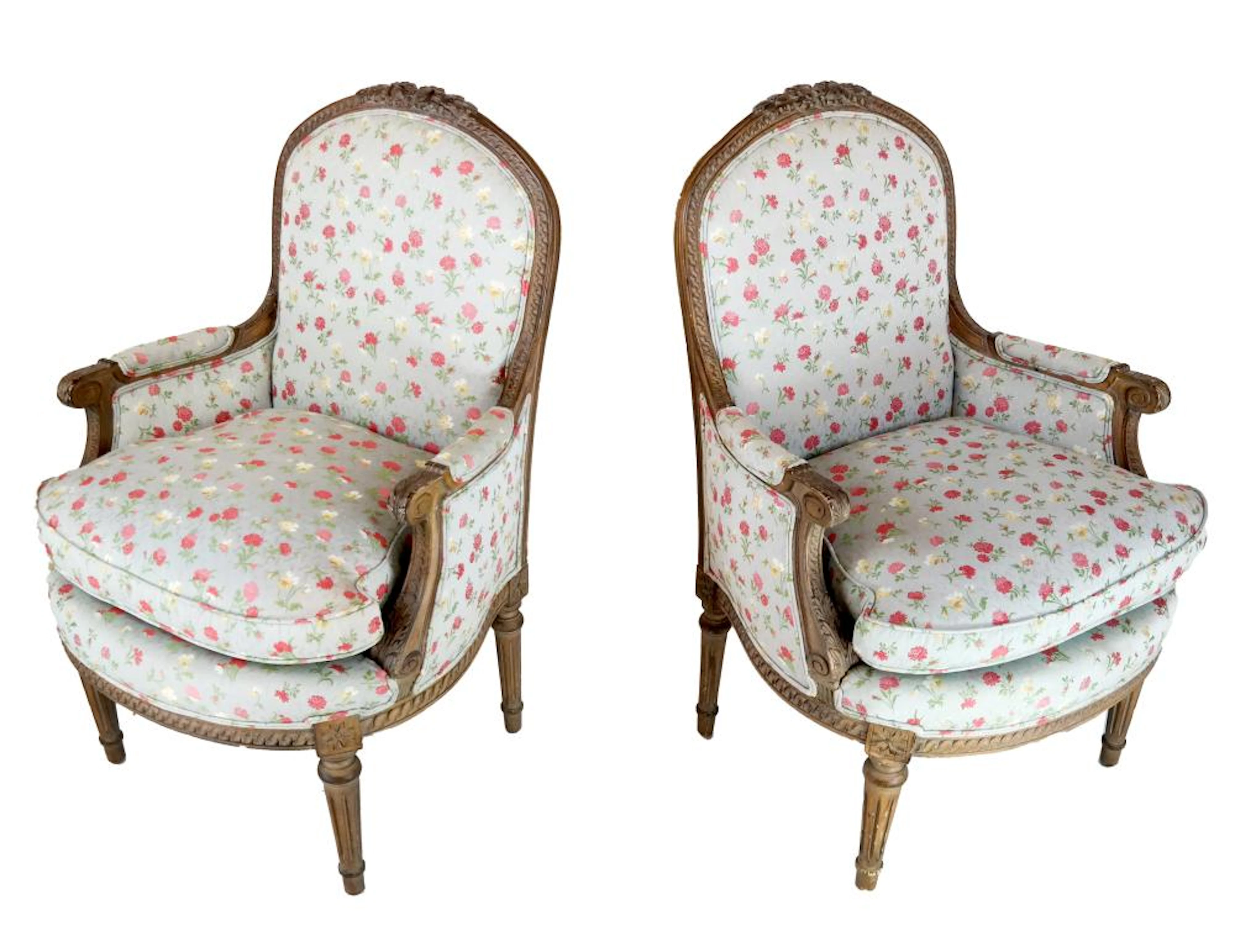 Pair Louis XVI-Style Pickled Bergeres