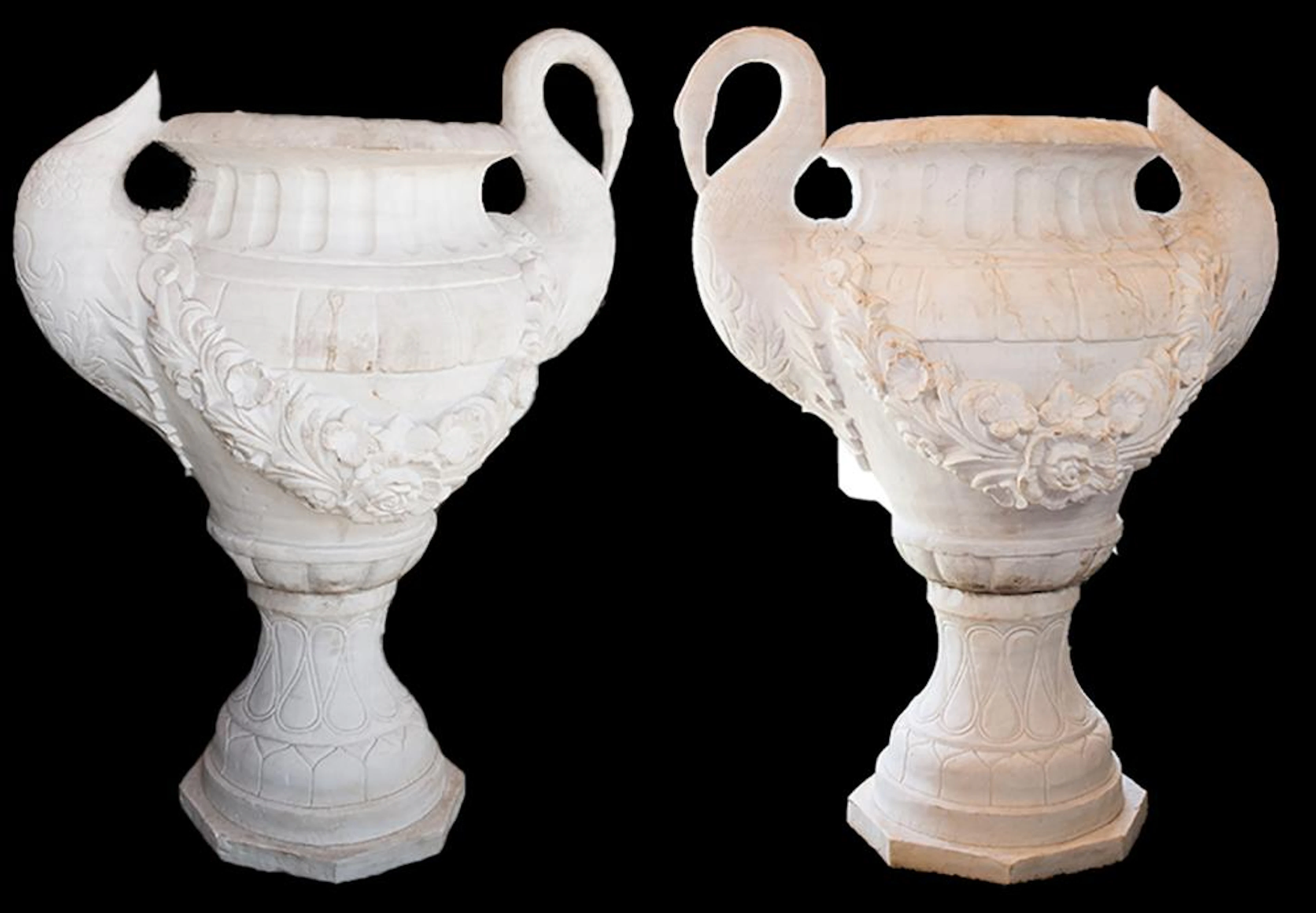 Pair Monumental Italian Marble Swan Planters